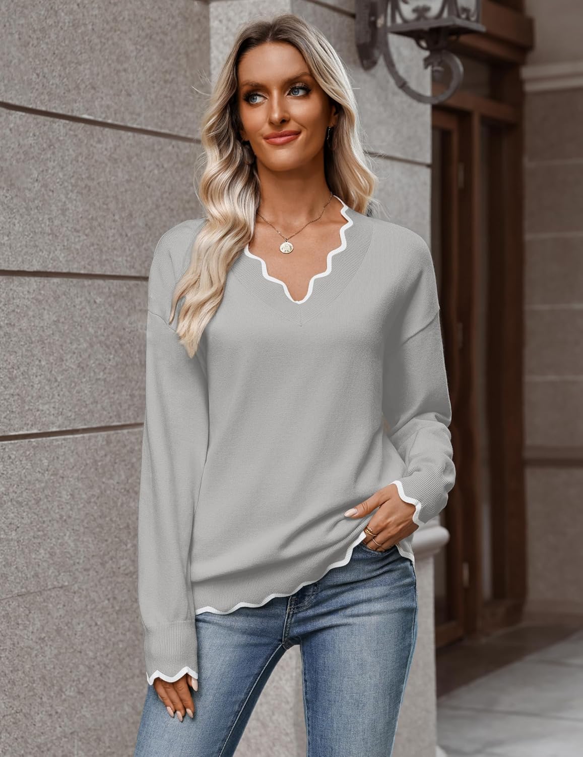 Zeagoo Women's 2026 Fall V Neck Sweater Casual Long Sleeve Lightweight Ribbed Knit Pullover Sweaters Dressy Casual Tops - Image 5