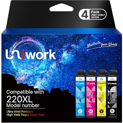 Uniwork Remanufactured 220 220XL Ink Cartridge Replacement for Epson 220XL use for Workforce WF-2760 WF-2750 WF-2630 WF-2650 WF-2660 XP-320 XP-420 Printer (1 Black 1 Cyan 1 Magenta 1 Yellow), 4 Pack