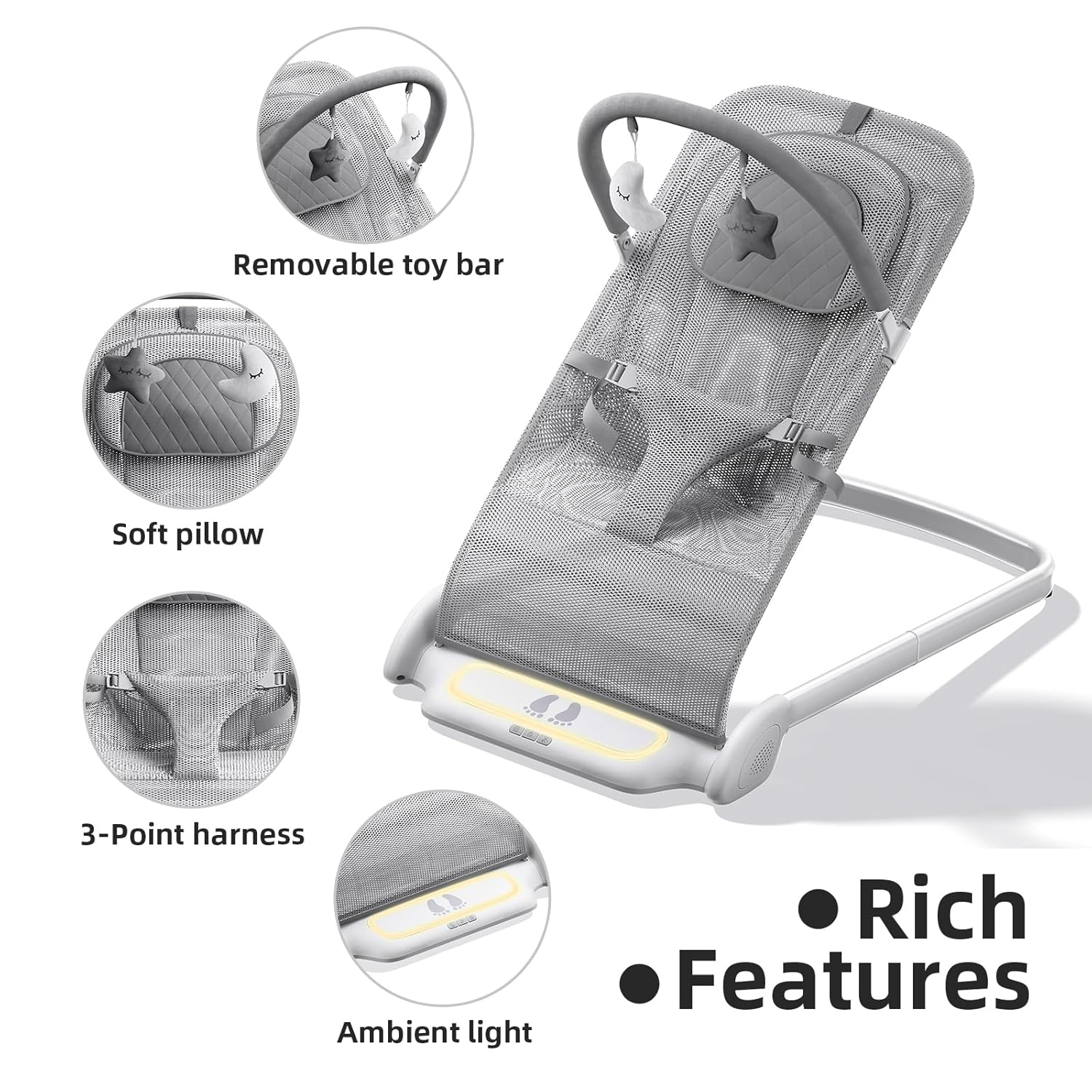 Derson Baby Bouncer, Portable Baby Bouncer Seat for Babies 0-6 Months, Infant Bouncer Chair Newborn with 8 Soothing Music, Foldable, Natural Vibrations (Gray)