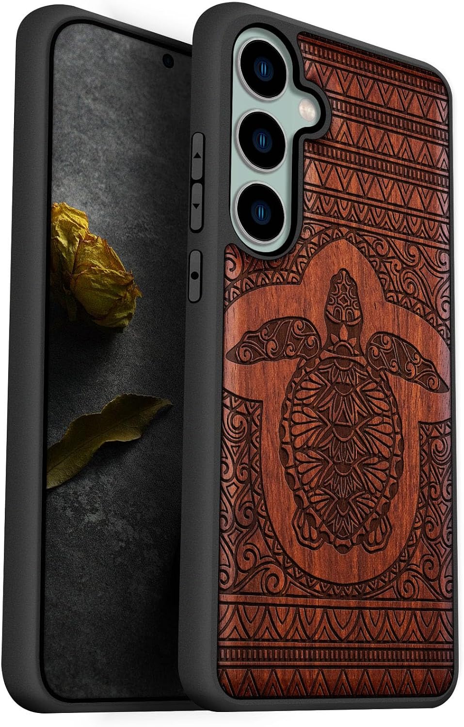 Carveit Wood Case for Galaxy S23 FE Case [Natural Wood & Black Soft TPU] Shockproof Protective Cover Unique Wooden Design Compatible with S23 FE (The Turtle of Timeless-Rosy)