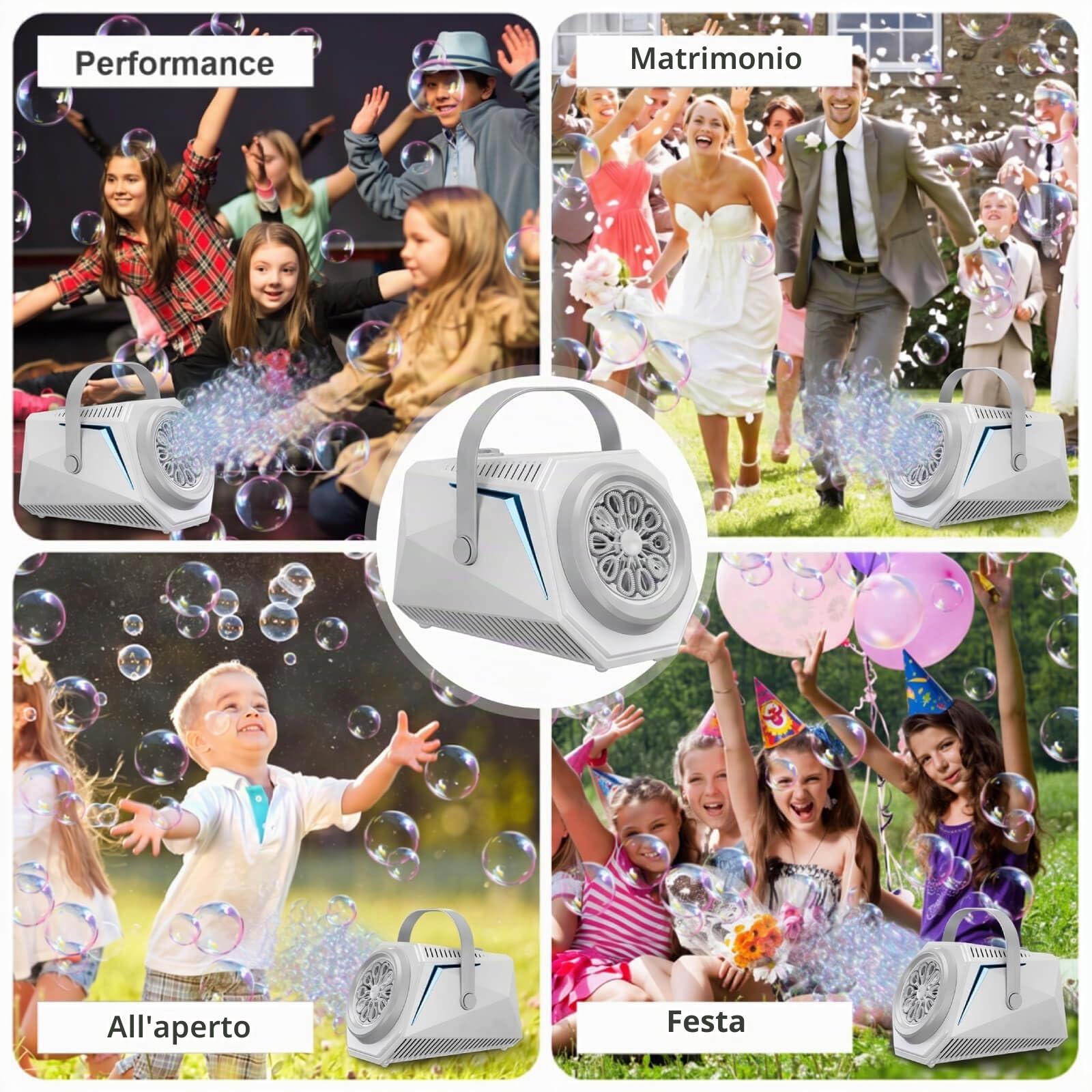 Macchina Bolle con Telecomando – Rotazione Auto 150°, 10 Fori 7000+ Bolle, Luce RGB, Batteria 1800mAh Type-C, Grande Serbatoio – Per Matrimonio, Compleanno, Festa all'Aperto