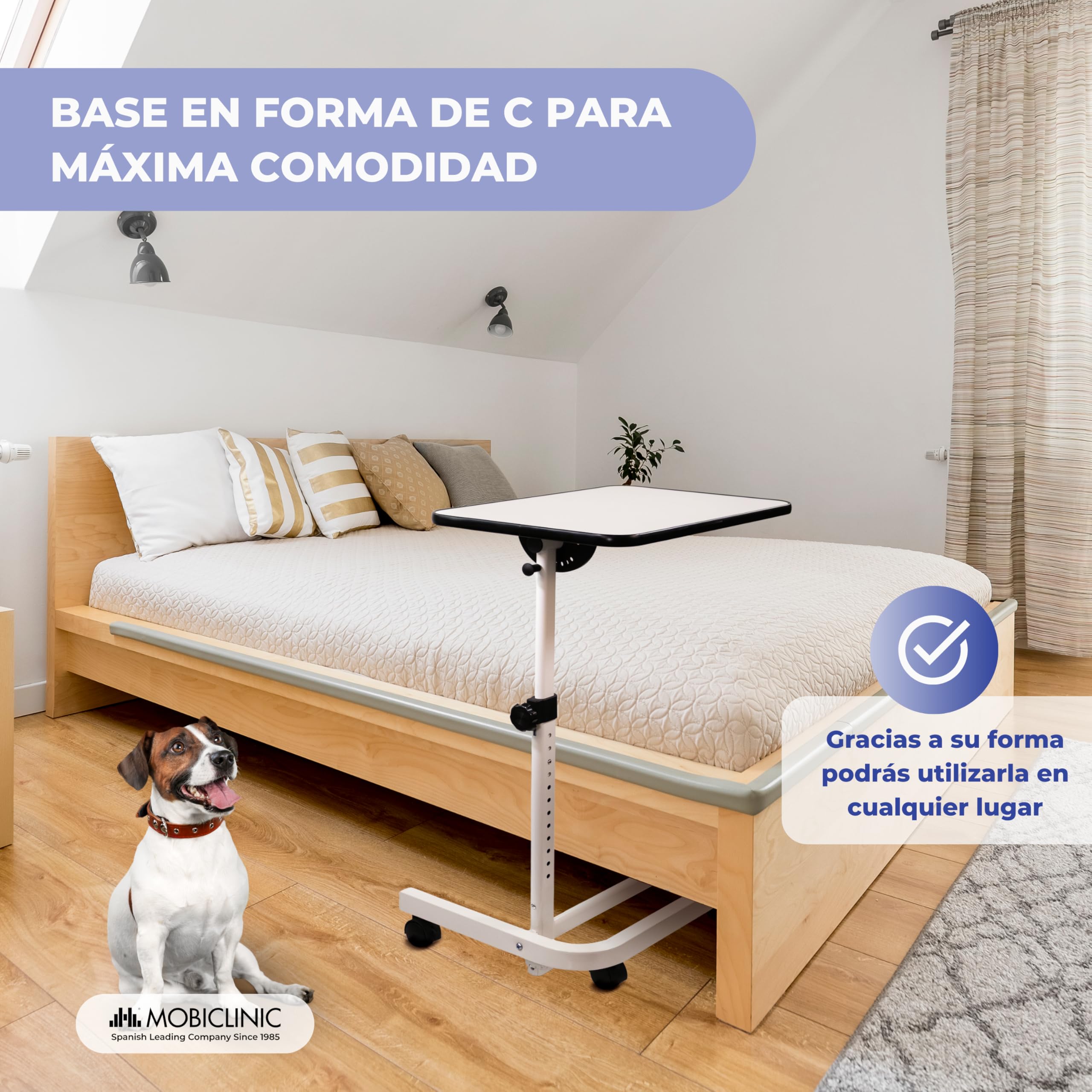 Mobiclinic®, Mesa Auxiliar, Plegable, Altura Regulable, Inclinable, para Ordenador, Sofá, Cama, Reborde Antideslizante, Ruedas 360º con Frenos, Forma en C, Cumbre