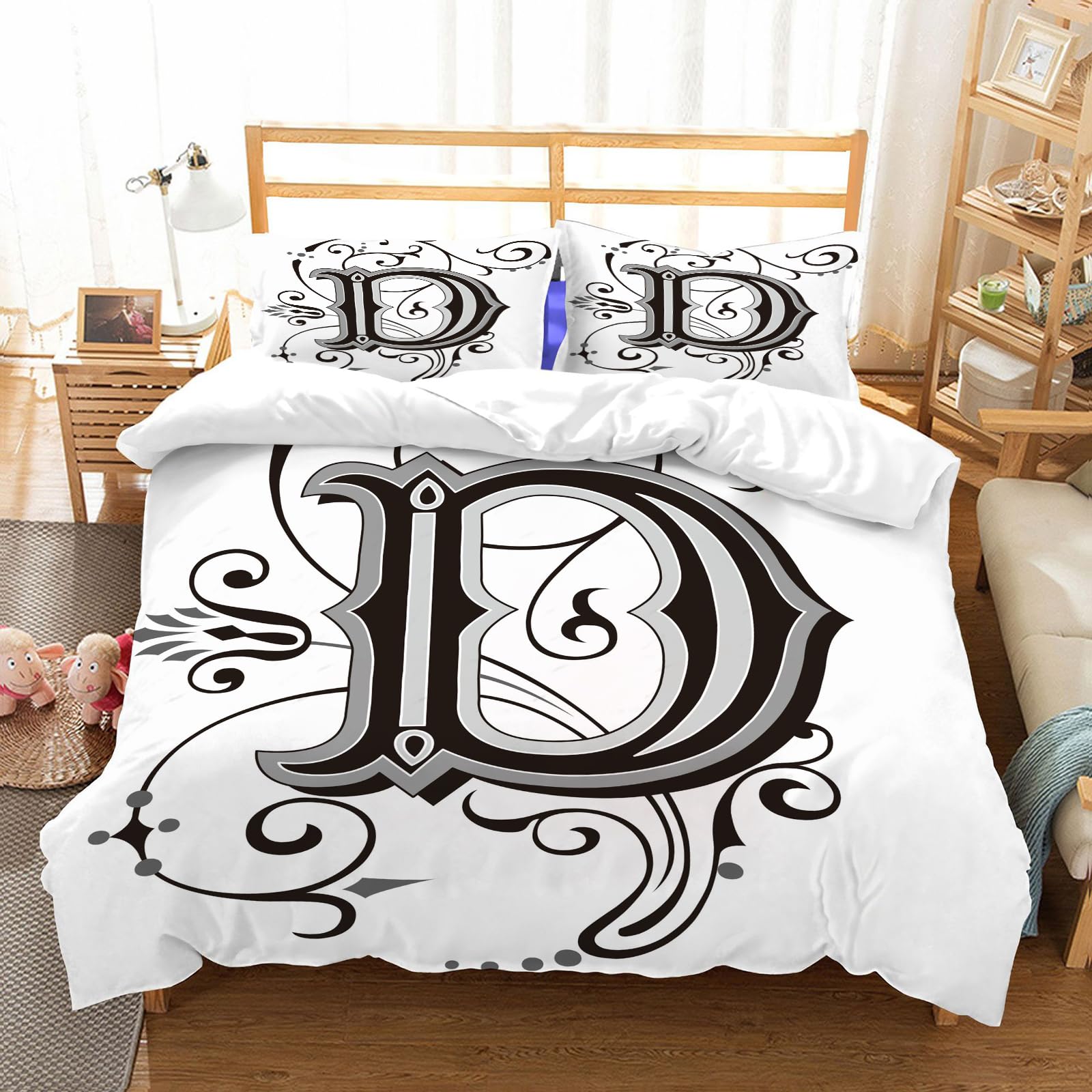 Ensemble de literie alphabet floral noir 228x264cm pour chambre parentale