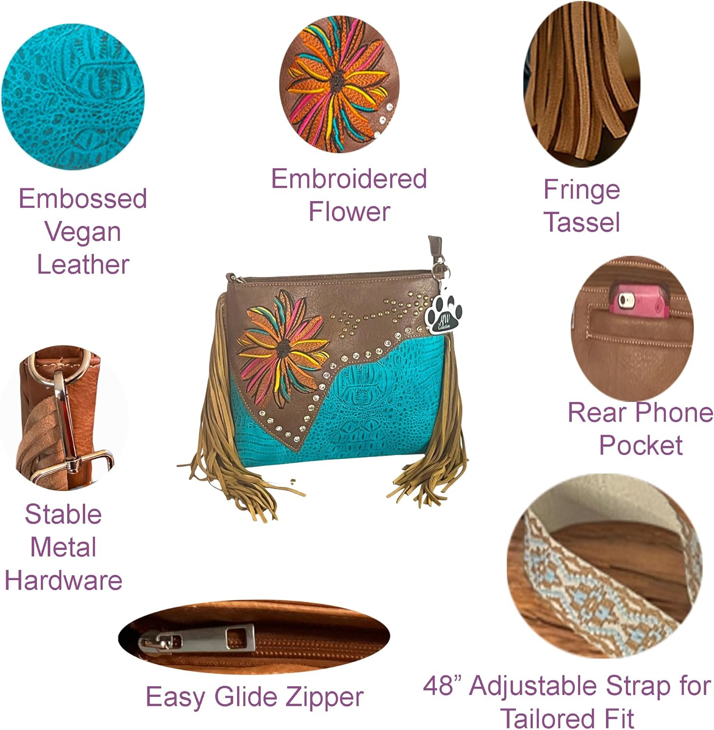 HW Collection Western Fringe Crossbody Purse Women Vegan Leather Boho Bag Cowgirl Shoulder Handbag Embroidered Flower