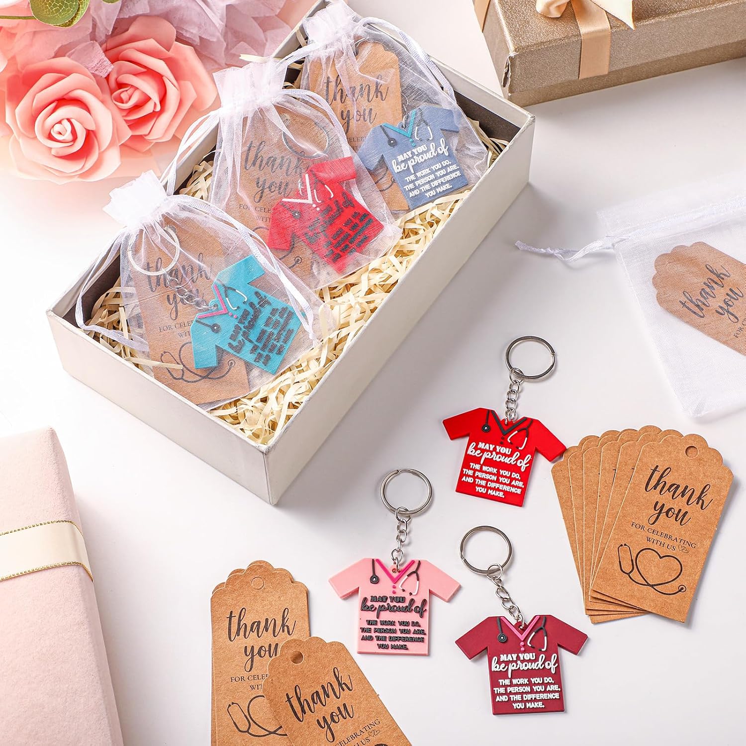 Sureio 24 Sets Nurse Keychain Nurse Week Medical Assistant Employee Appreciation Thank You Gift Cards and White Organza Bags Women Doctor Appreciation - Image 4