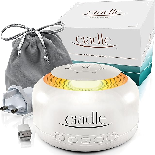 CRADLE White Noise Machine Baby and Adults. Portable White Noise Machine - 30 Sound Tracks, Night Light, Travel Pouch, Timer, UK Plug and 1.5m Power Cable. Sound Machine for Sleep, Rest and Relaxation