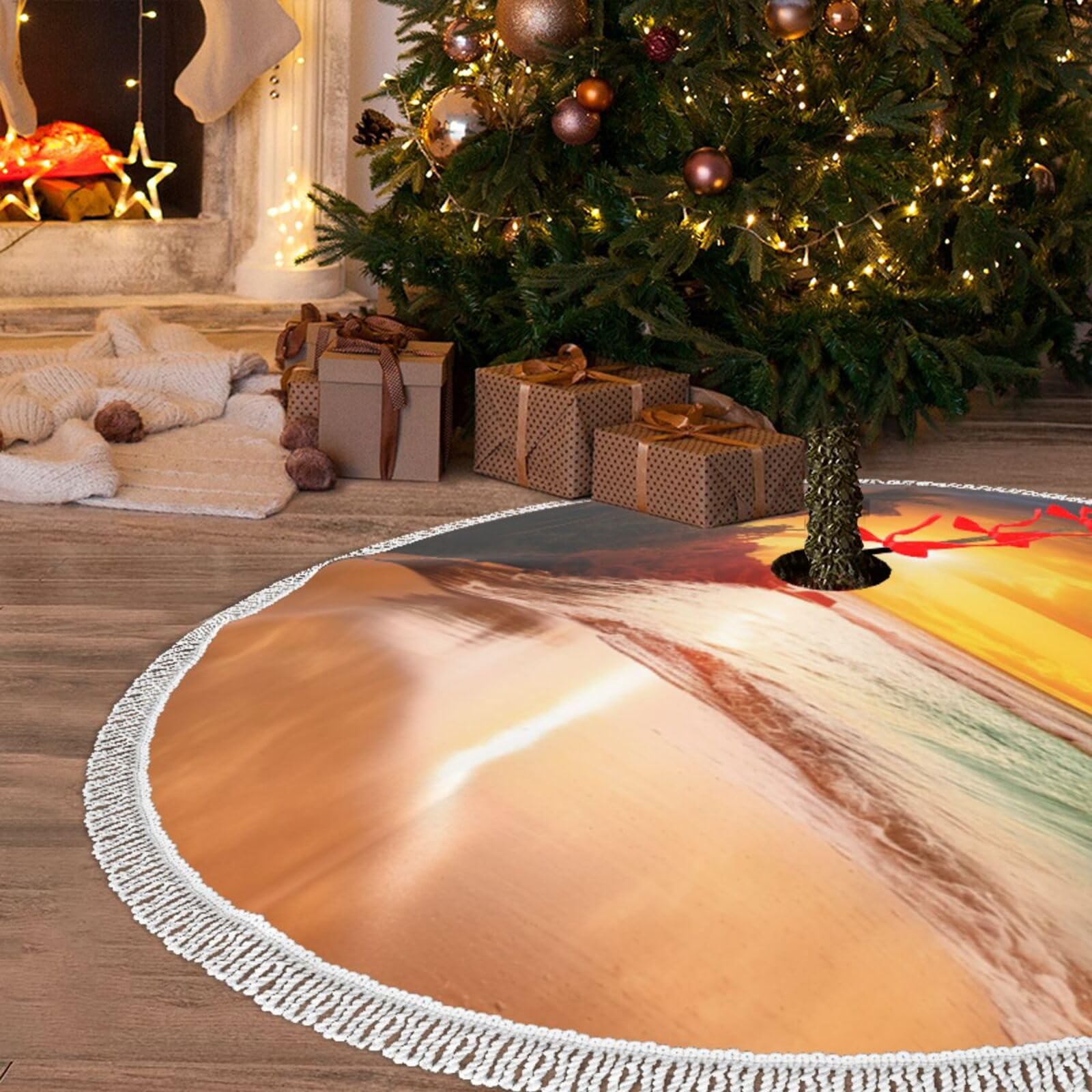 Jupe de sapin tropicale de 122 cm avec pompons pour une fête de Noël en bord de mer