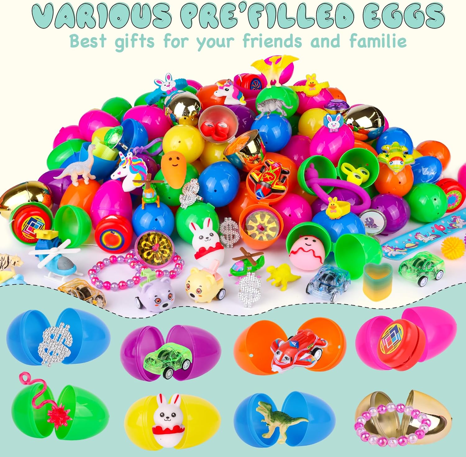 100 Pack Prefilled Easter Eggs with Assorted Toys Inside 6 Surprise Golden Eggs, 100 Plastic Easter Eggs Fillers with Fidget Toys Easter Basket Stuffers Fillers Egg Hunt Party Favors for Kids Boy Girl