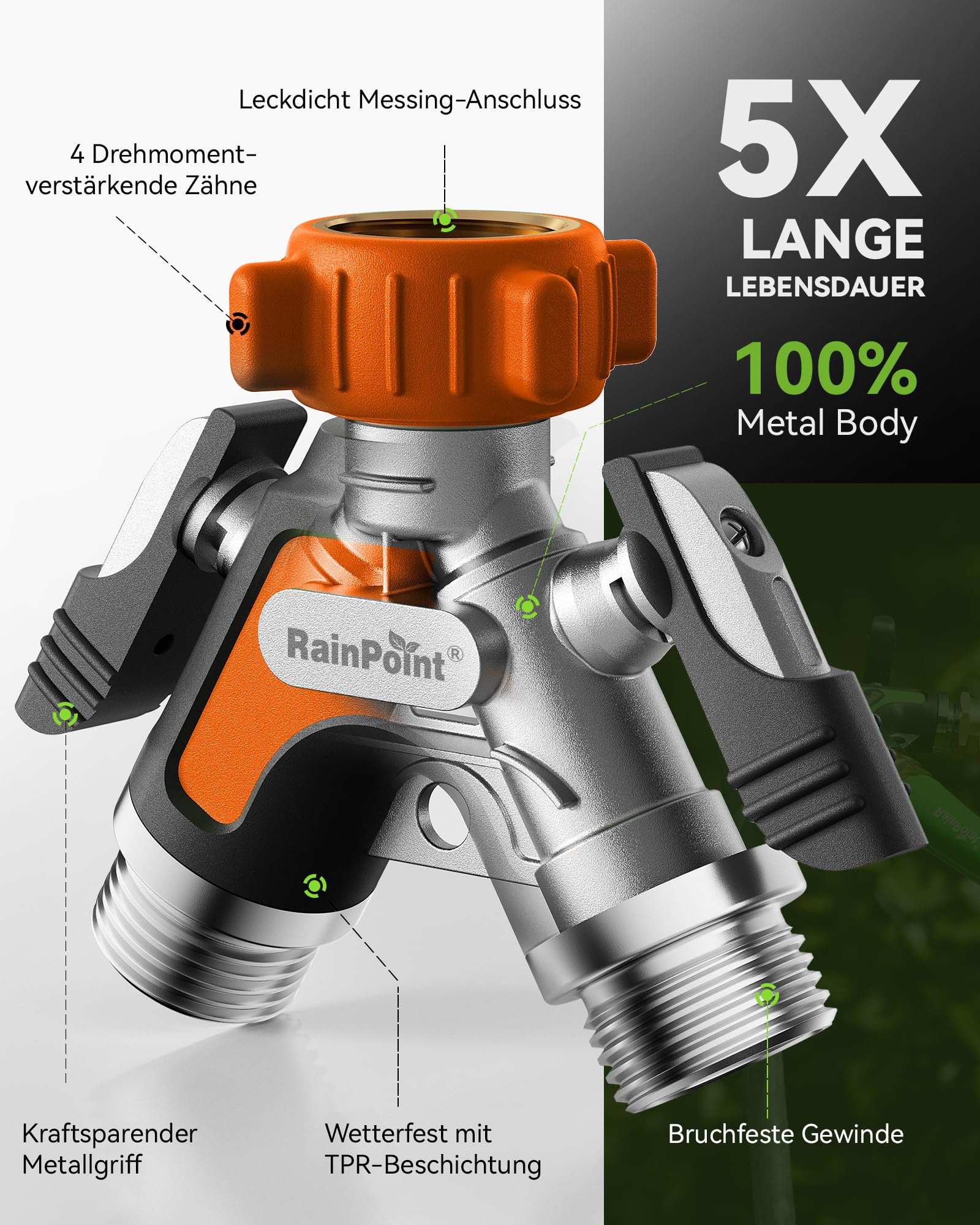 RAINPOINT 2 Wege Verteiler, Vollmetall-Schwerlast-Wasserverteiler mit 5.2cm Extra Langer Seitenhebel & Absperrventilen, Gartenschlauch Y Verteiler 3/4" & 1/2", Gleichzeitiger 2 Fach Anschluss(Orange)