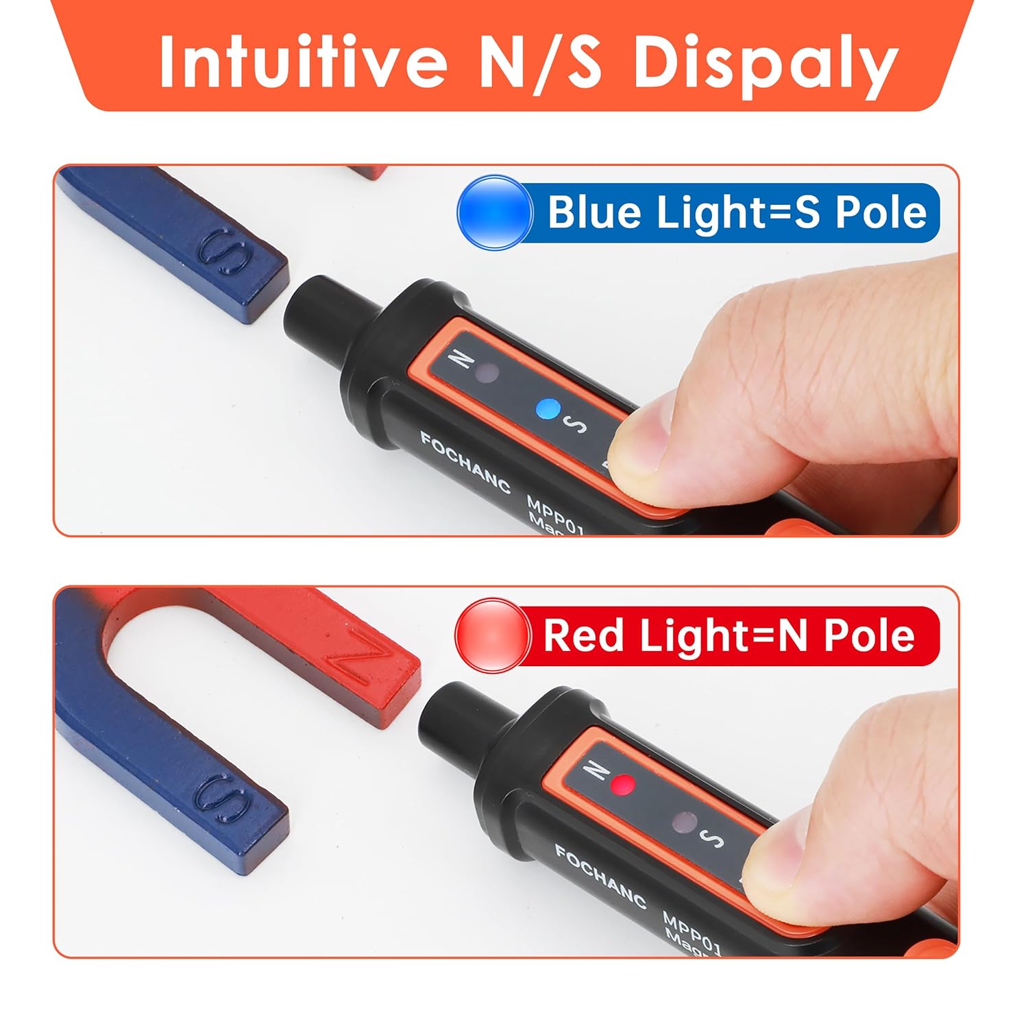Magnetic Polarity Tester Pen, Fochanc Portable Magnet Detector, Instant N/S Pole Identification for Motor Repair, Science Projects, DIY & Therapy Magnets, Battery Included (Orange)