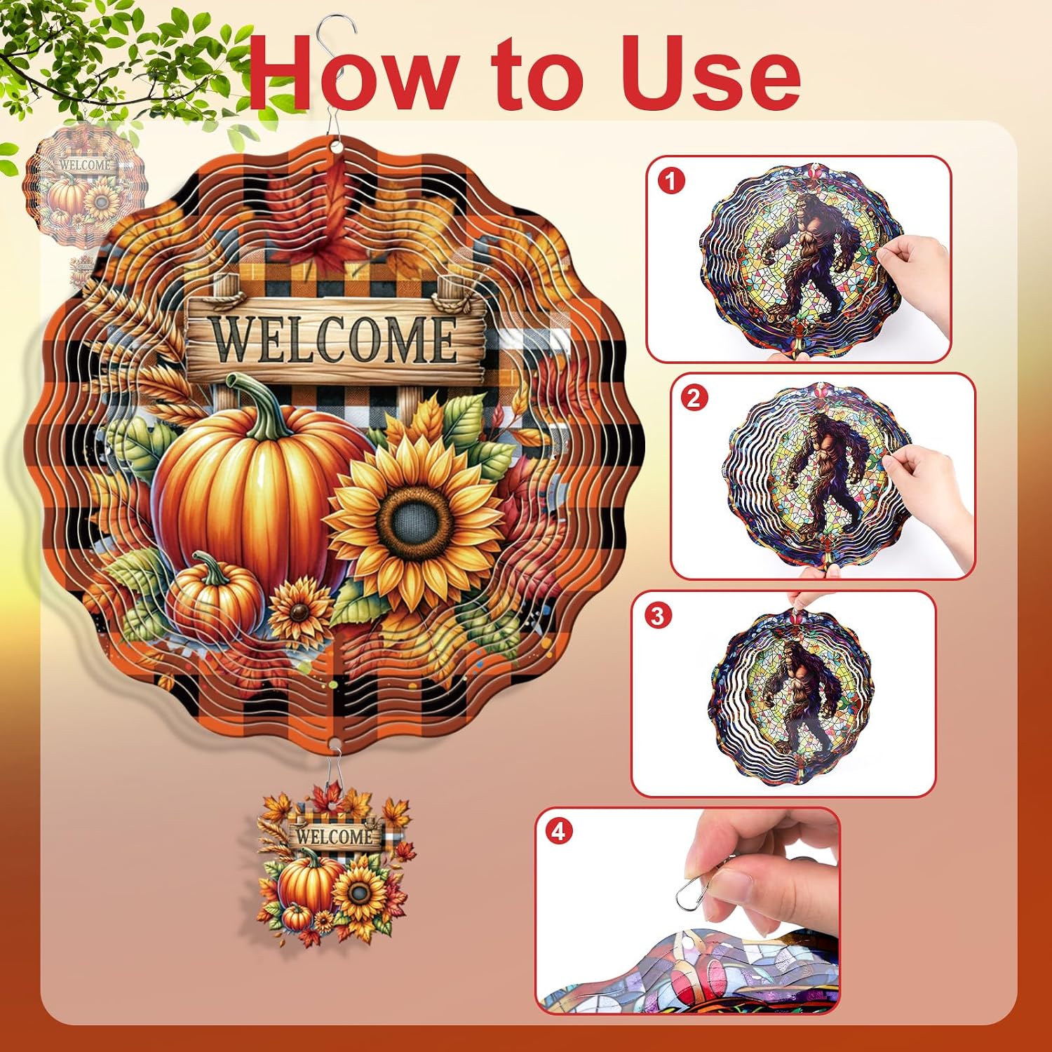 Rngmsi Welcome Fall Wind Spinner Outdoor, 3D Metal Pumpkin and Sunflower Wind Spinner Hanging Decor Kinetic Art for Yard, Home Yard Garden Ornaments Decorations Hanging Gifts 12 X 12 Inches