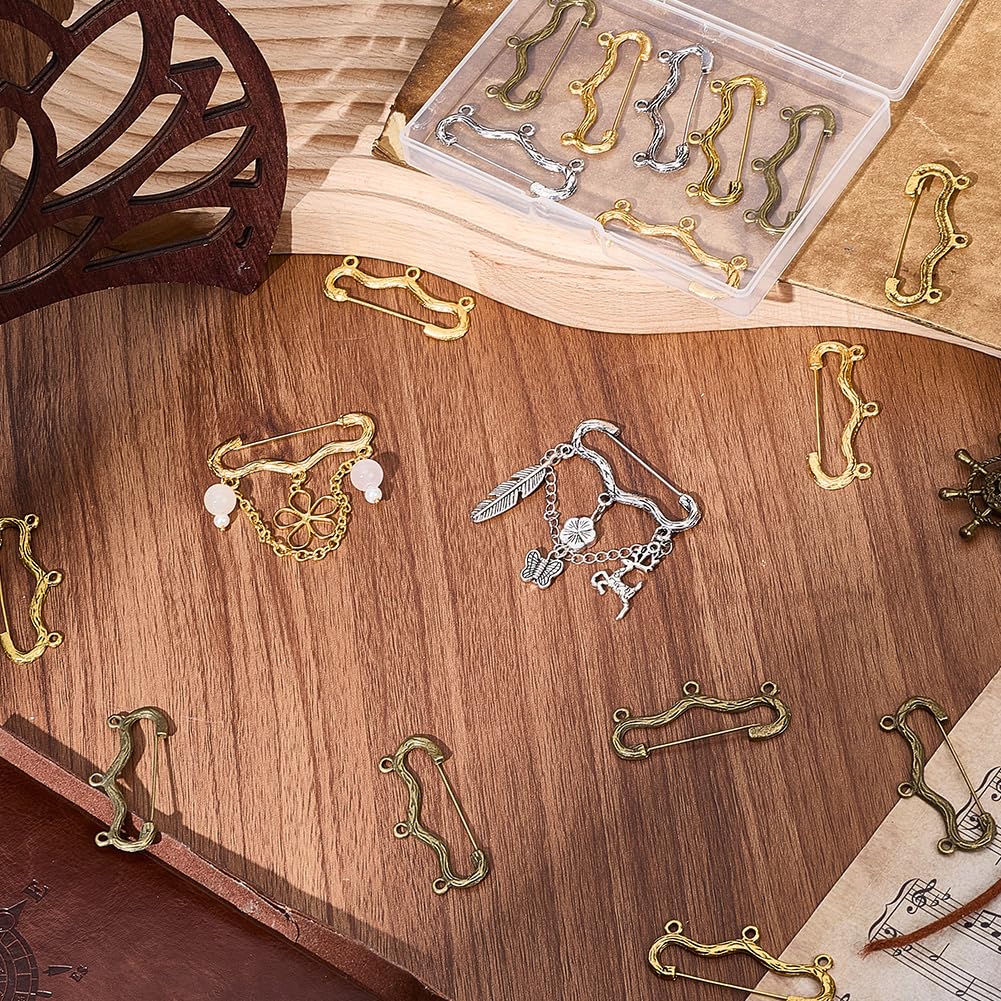 SUNNYCLUE 1 Box 32 robuste Sicherheitsnadeln Kiltnadeln mit 3 Schlaufen, tibetischer Stil, Legierung, Broschen, Antik-Silber, Bronze, Vintage-Brosche für Schmuckherstellung, Basteln, Kleidung, Decken