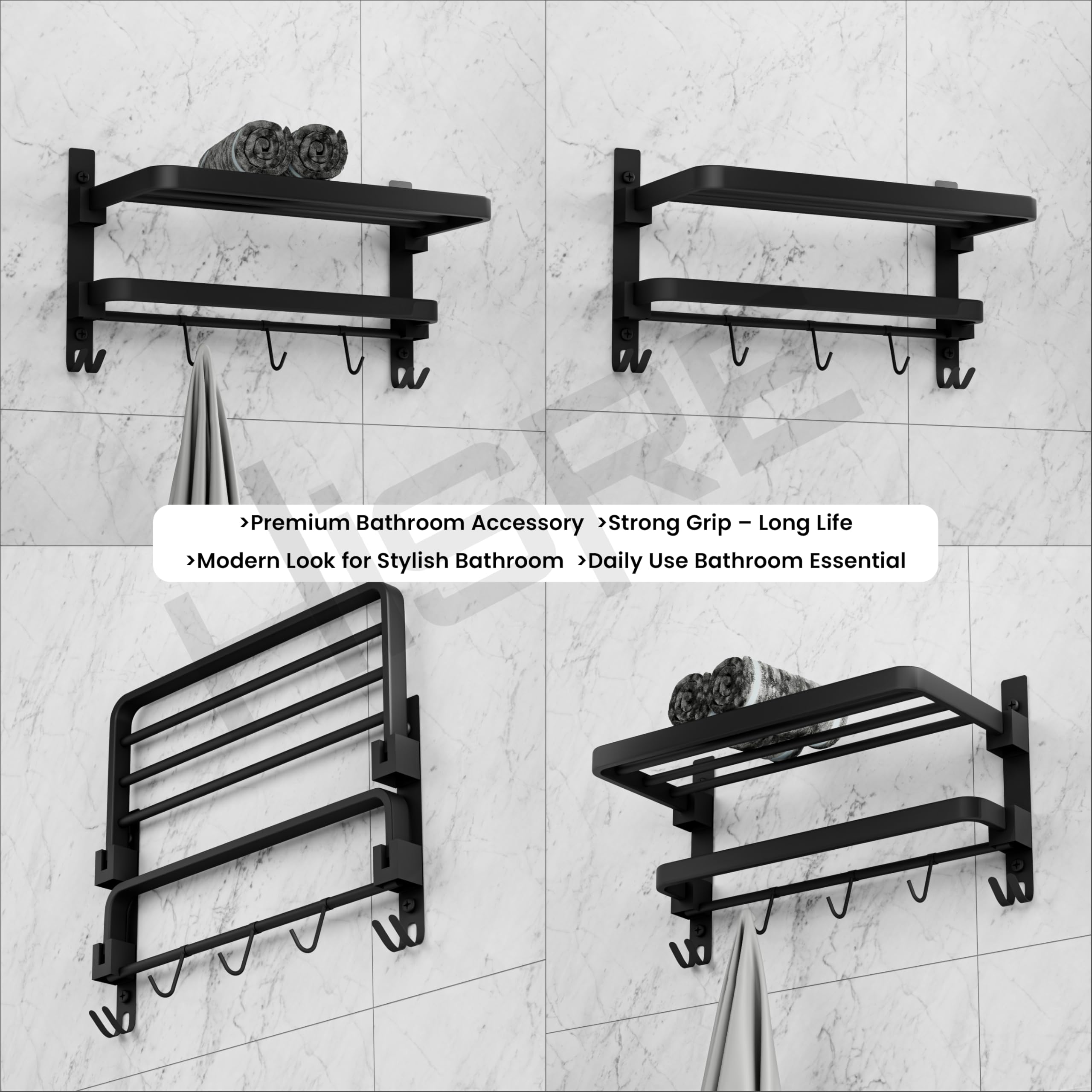 HISRE Wall-Mounted Stainless Steel Towel Rack with Shelf & Hooks | Chrome Finish Bathroom Towel Holder with Storage Shelf for Towels & Accessories, photo 5 of 5