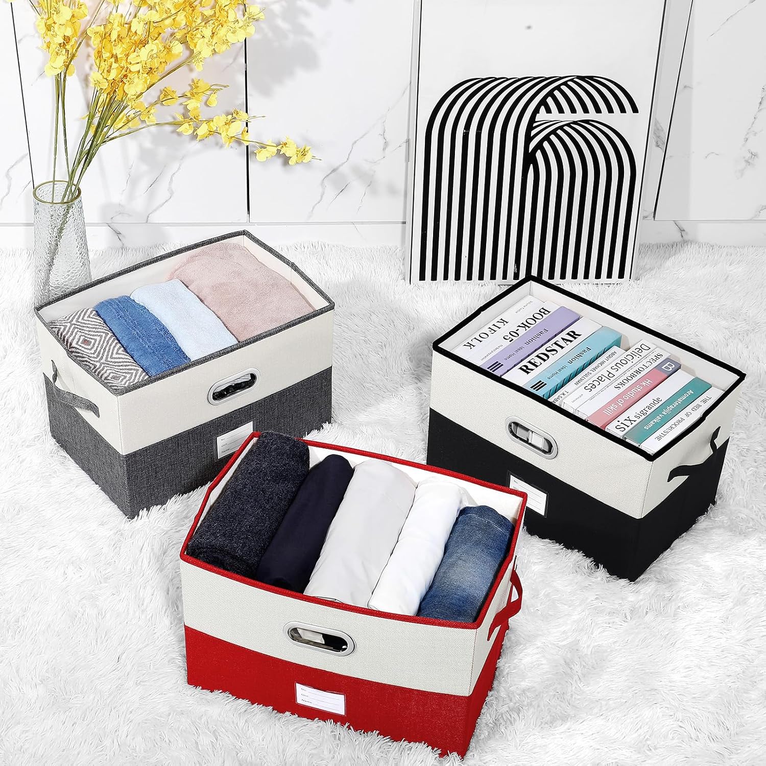 Large Linen Fabric Foldable Storage Bins with Removable Lid and Handles, Washable Storage Box Organizer Containers Baskets Cube with Cover for Bedroom,Office(coffee&cream, Large(2-Pack))