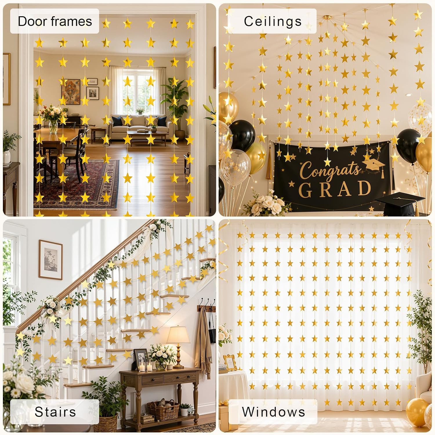 Gold Star Garland, 130 Feet Hanging Paper Star Garland for Birthday Party Decorations, Twinkle Gold Stars Streamer for 2026 Graduation Wedding Baby Shower Christmas Classroom Decor, 10-Pack