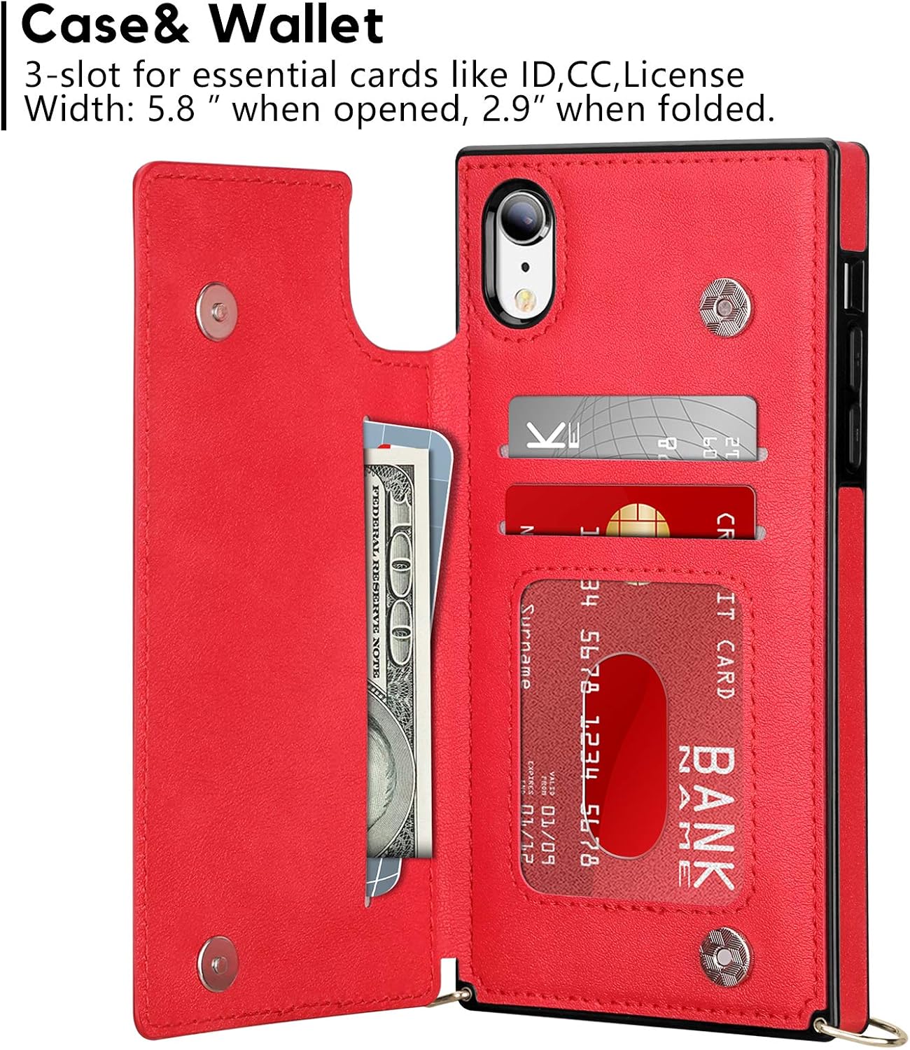 Vofolen for iPhone XR Case Wallet Card Holder Leather PU Flip Cover Folio Lanyard Neck Crossbody Detachable Strap Protective ID Slot Pocket Square Soft Double Magnetic Clasp for iPhone XR 10R Red