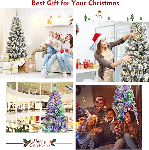 Miniatura 6 de DORTALA Árbol de Navidad preiluminado, árbol de Navidad artificial de pino nevado de 6 pies con control remoto, 423 puntas de rama, 200 luces LED, 9