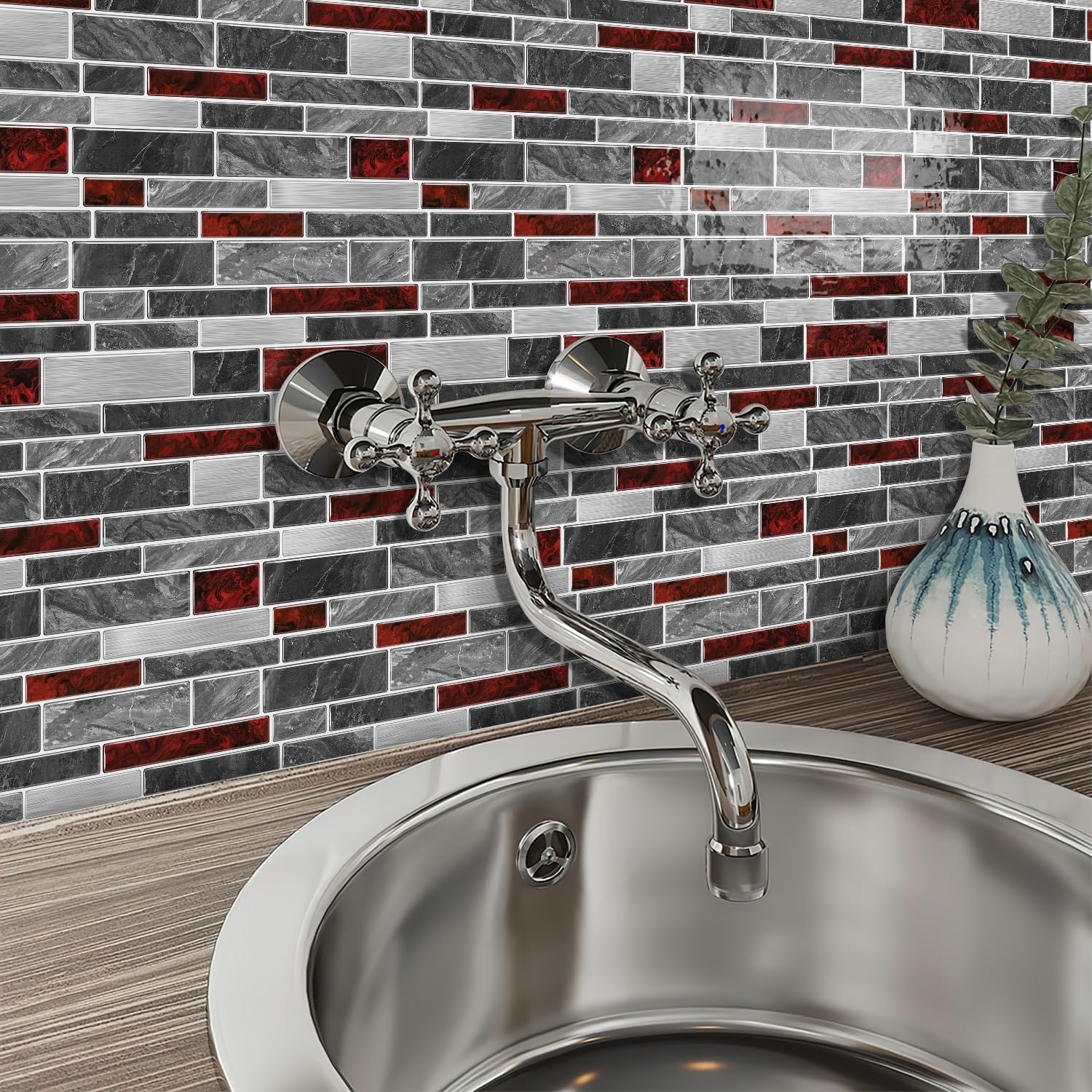 VICCI 12-Sheet Peel and Stick Tile Backsplash, Vinyl Waterproof Tiles Decals 12 x 12 inch Self Adhesive Wall Sticker for Kitchen, Bathroom & Laundry Room (Grey & Red Marble Style)