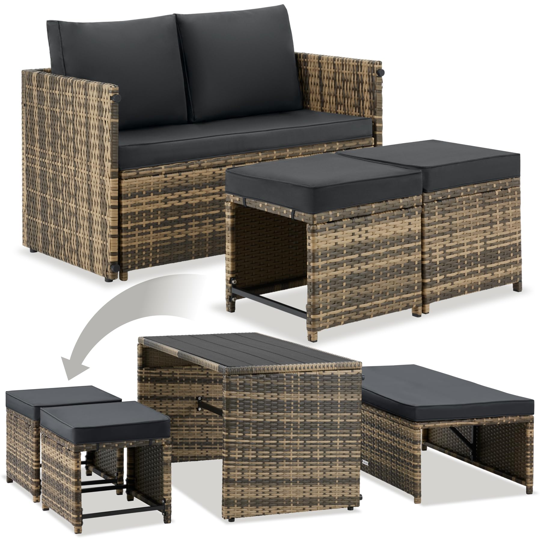 tectake® Salon de Jardin Exterieur 2en1, Modulable et Encastrable, Canape Exterieur et Repose-Pied ou Ensemble Table, Banc et Chaise extérieur, Salon de Jardin, Balcon, Terrasse, 4 Personnes