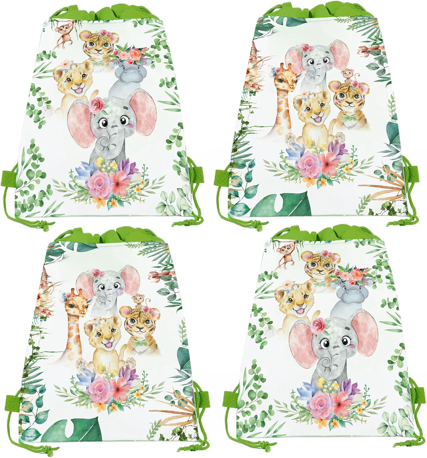 CC HOME 12 Pack Jungle Animals Drawstring Party Bags, Tiger Lion Elephant Gift Candy Treat Bags, Jungle Animals Theme Party Favor for Baby Shower Kids Girls Boys Birthday Decorations 10.6 x 13.4''