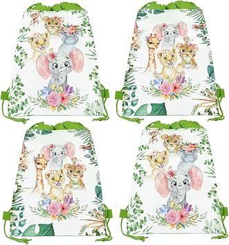 CC HOME 12 Pack Jungle Animals Drawstring Party Bags, Tiger Lion Elephant Gift Candy Treat Bags, Jungle Animals Theme Party Favor for Baby Shower Kids Girls Boys Birthday Decorations 10.6 x 13.4