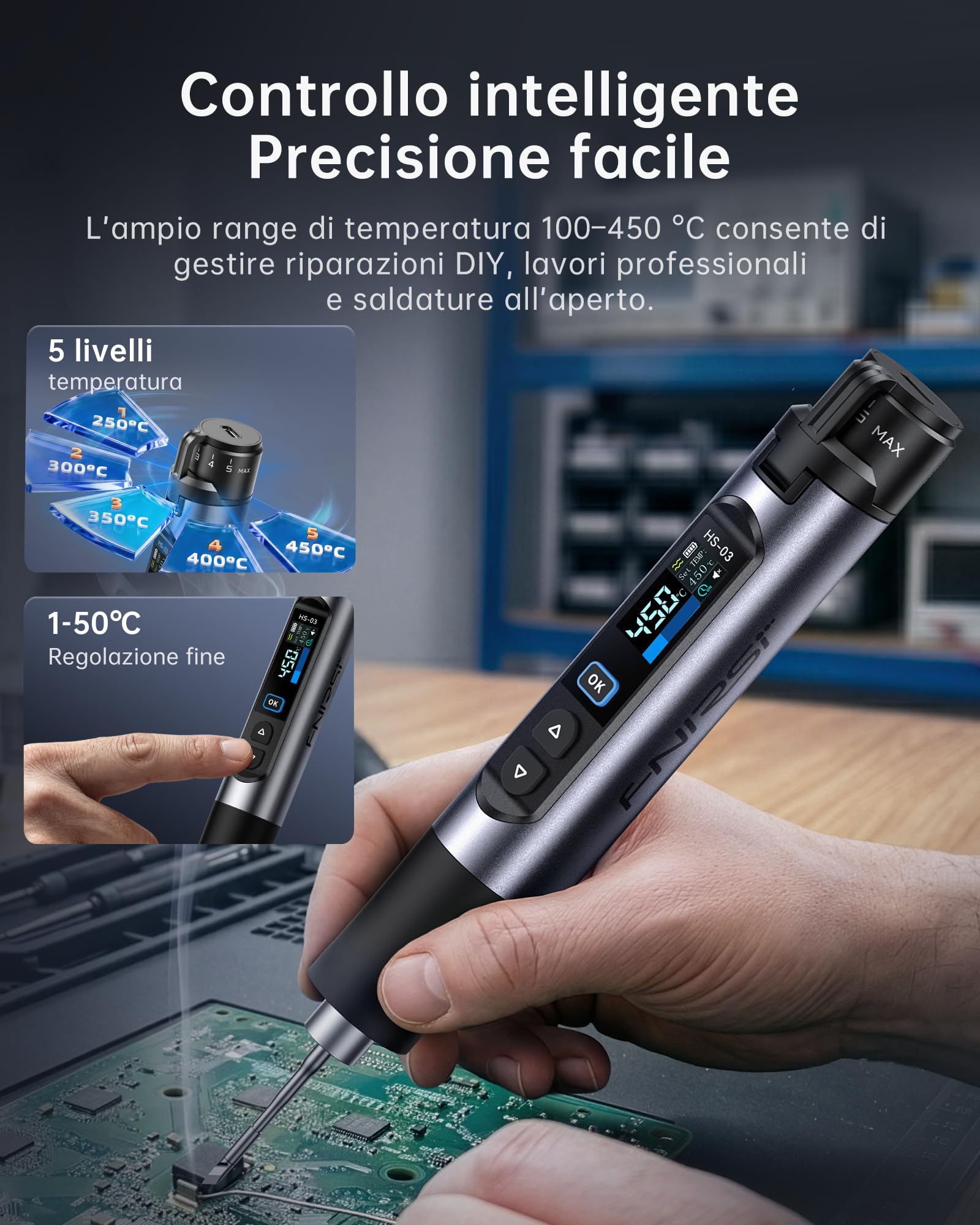 FNIRSI HS-03 Kit Saldatore a Batteria, Saldatore Portatile Senza Fili con Batteria 2600mAh, 100–450°C, Riscaldamento Rapido 3s, 5 Livelli Temperatura, Display IPS 0,96", per Elettronica, DIY, PCB