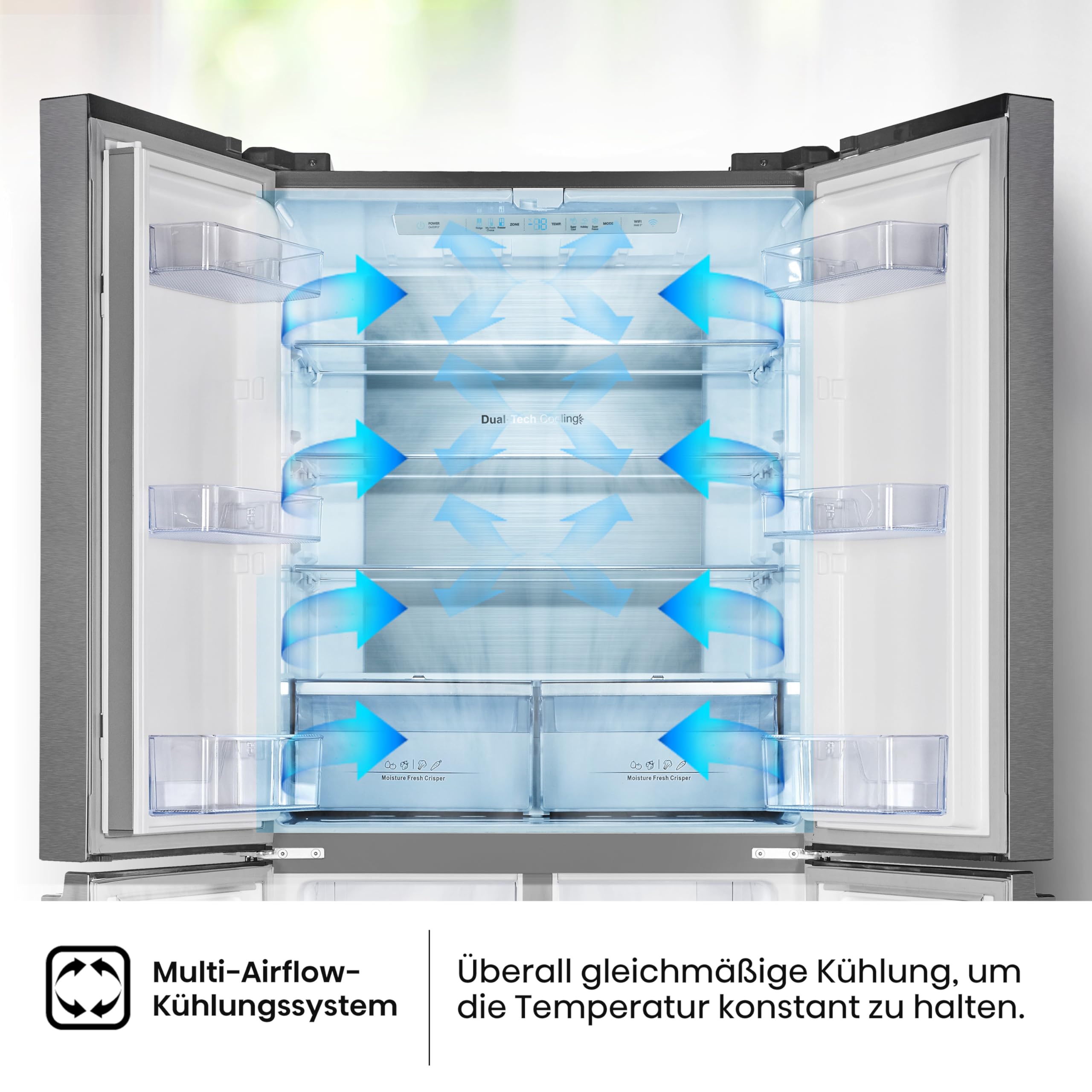Hisense RQ563N4SI2 Cross Door Kühl-Gefrierkombination/ NoFrostPlus/ Inverter-Kompressor/ HolidayMode/ SuperCool/ 181 cm/ Kühlteil/ Gefrierteil/ 40 dB/ 279 kWh/ Jahr/ Inox-Look 454L – Bild 5