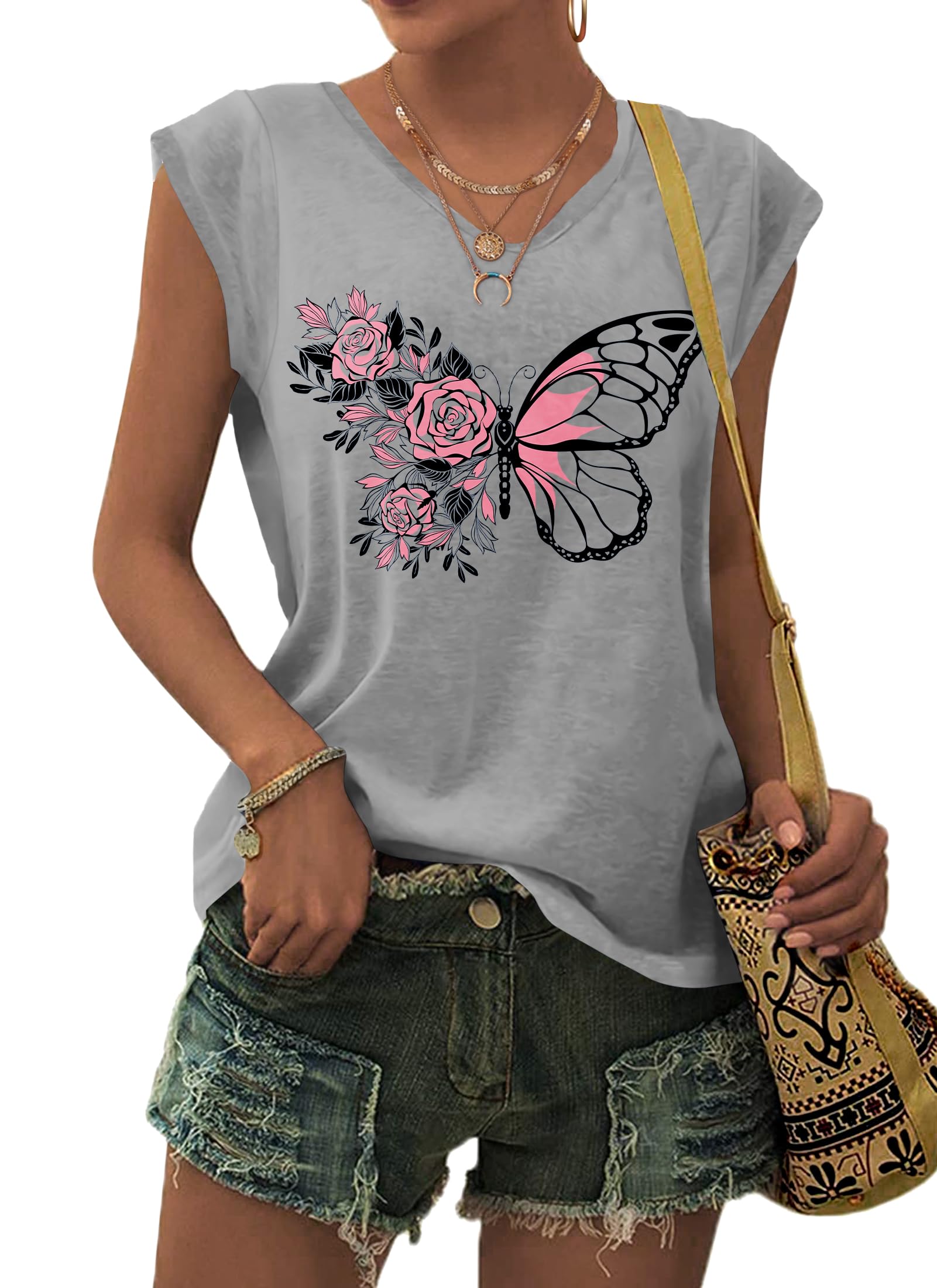 PLMOKEN T-Shirt Sommer Tank Top Damen - Ärmelloses Blusenshirt V Ausschnitt Blusen Shirts Oberteile Offset Bedrucktes Top