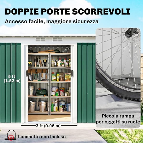 Outsunny Casetta da Giardino 3.2m² in Acciaio Zincato con Kit Fondazione, Prese d'Aria, Capanno Porta Attrezzi con Tetto Inclinato, Doppia Porta Scorrevole Bloccabile, Verde Scuro - 4