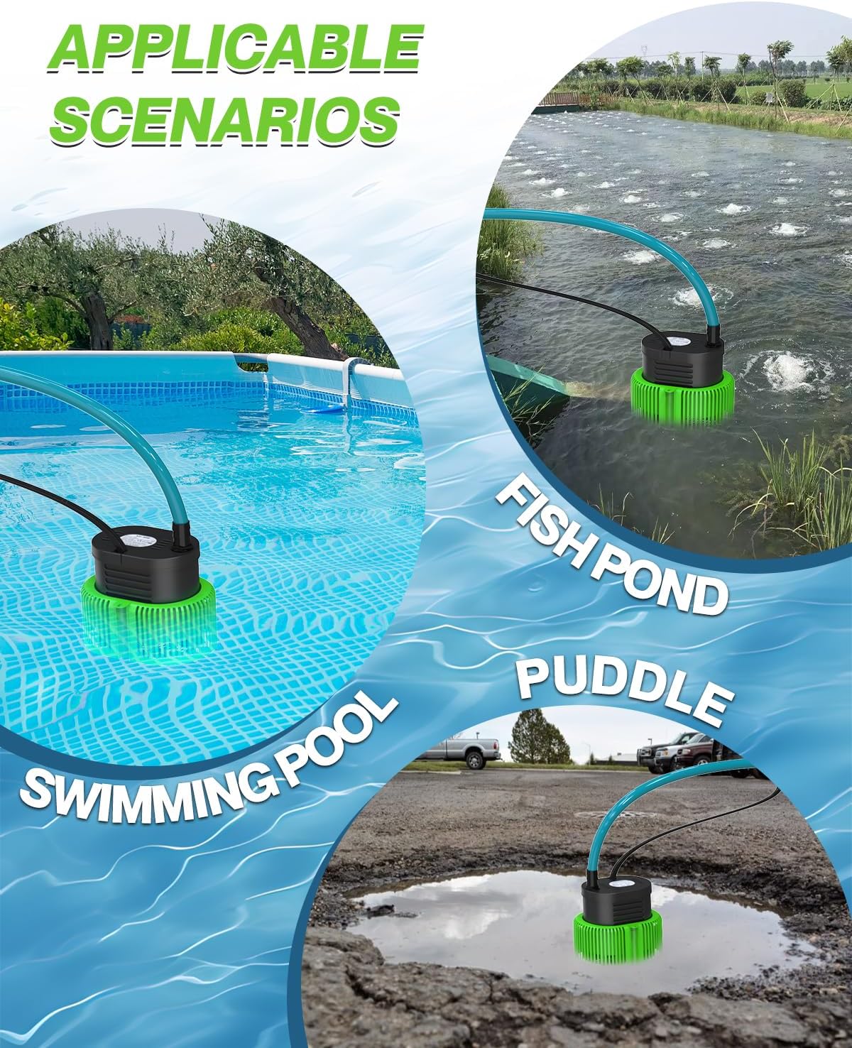 Pool Cover Pump above Ground - Submersible Water Sump Pump Swimming Water Removal Pumps, with Drainage Hose & 25 Feet Extra Long Power Cord, 850 GPH inGround, 3 Adapters