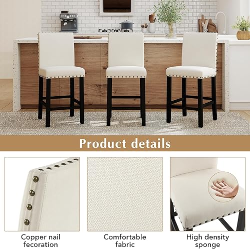 Miniatura 3 de DAGONHIL Juego de 4 taburetes de bar de altura de mostrador de 24 pulgadas modernos con patas de madera negra, cabeza de clavo, silla de bar