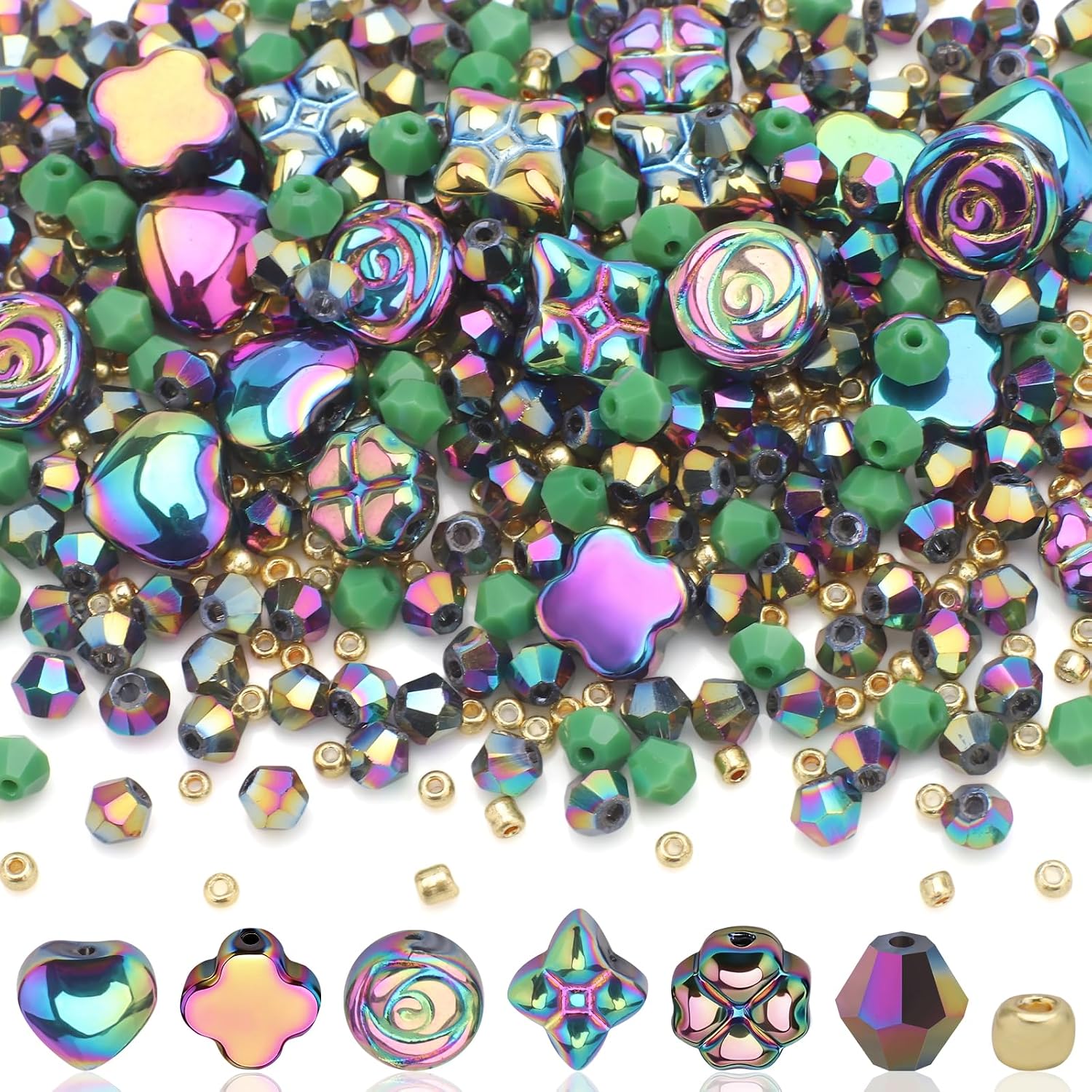 YUANZHIRUN Glass Beads for Jewelry Making Kit, Including Bicone/Shaped Plum Blossom/Rose/Four-Leaf Clover/Rhombic/Heart/Loose Spacer Beads for Bracelets, Necklaces, Earrings (Wu CAI)