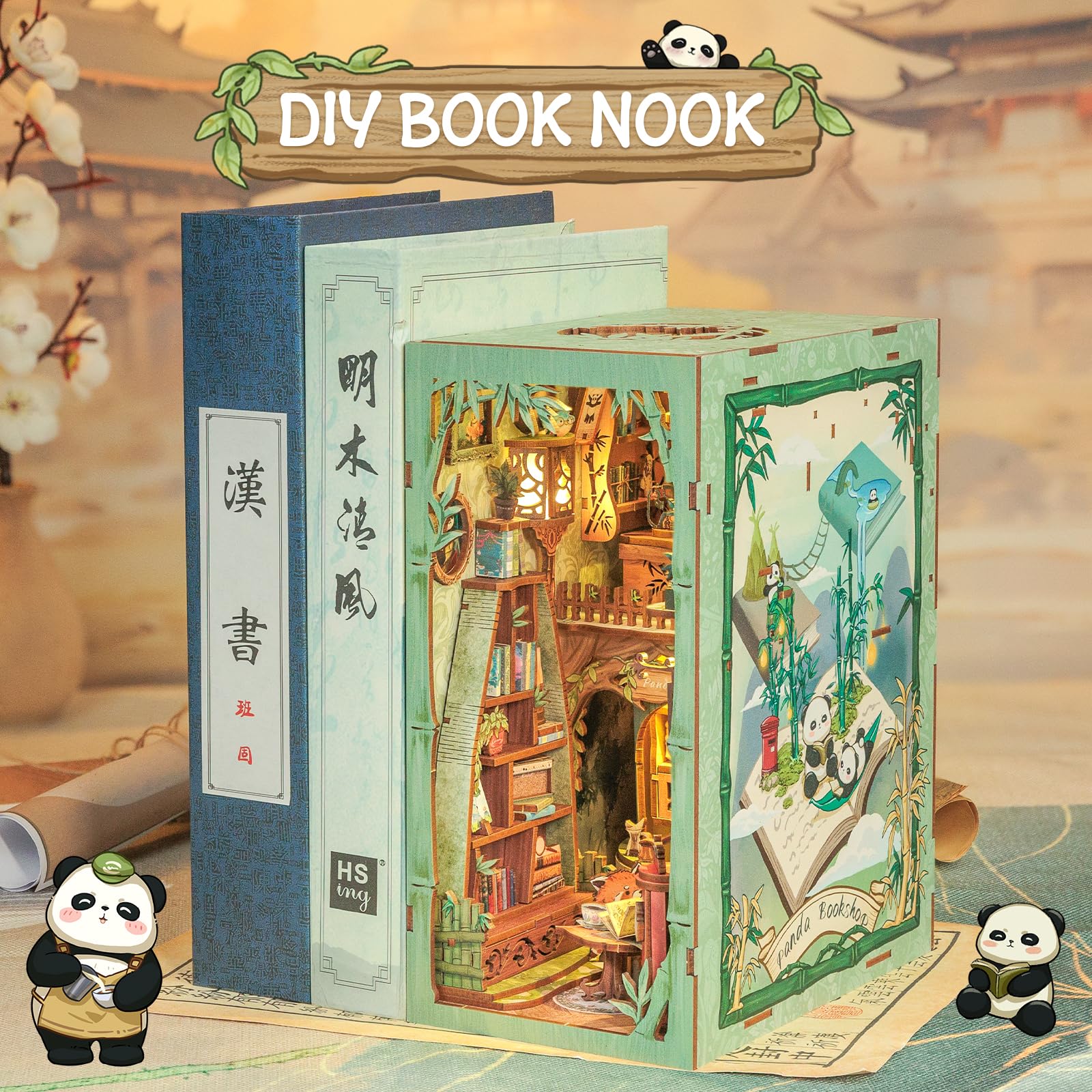 Cutefun Book Nook - Kit per la casa delle bambole in legno, fai da te, in miniatura, per la casa delle bambole, per la libreria, per le case, con luci a LED, per la libreria, per panda Bookshop(DY02)