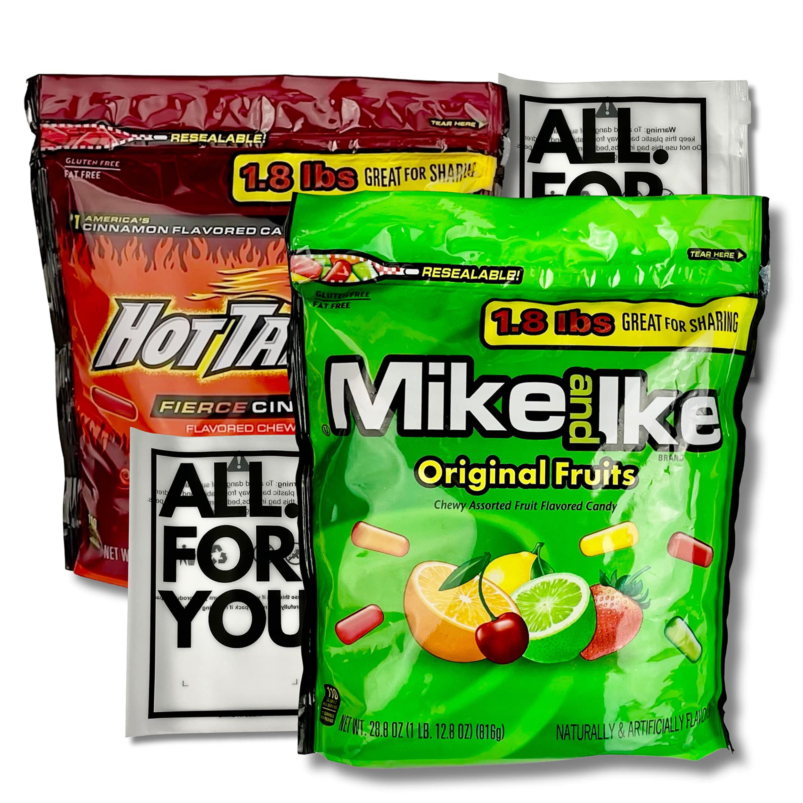 Hot Tamales, Mike and Ike Original Candy - 2 Flavor Variety Combo - Total 3.6 lbs (1.8 lb ea, 2 pack total) - Chewy Bulk Movie Theater Gummy Candy with 2 ALL.FOR.YOU. Branded Resealable Bags