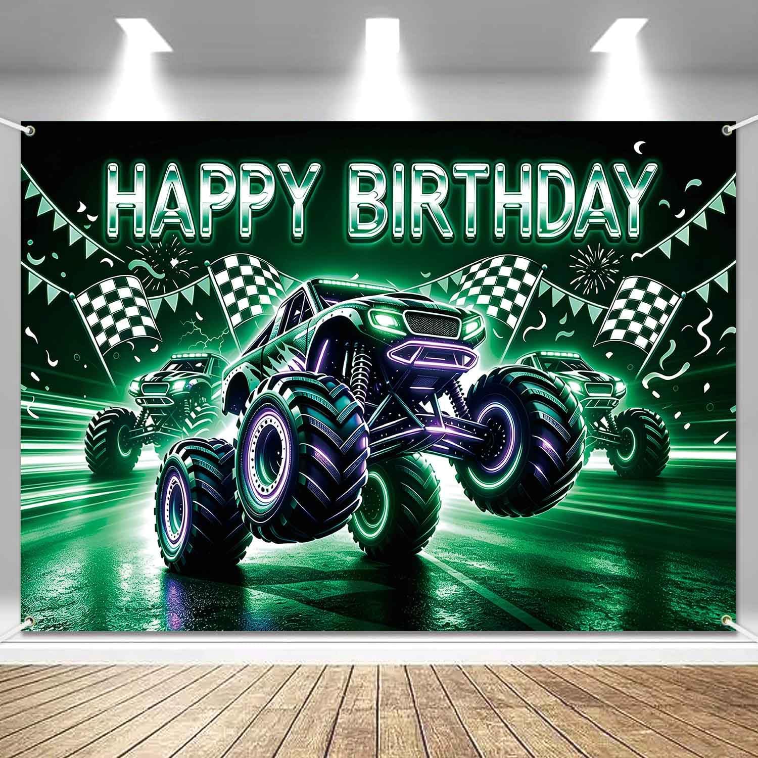 Monster Truck Birthday Backdrop 5x3Ft Green Purple Monster Car Banner