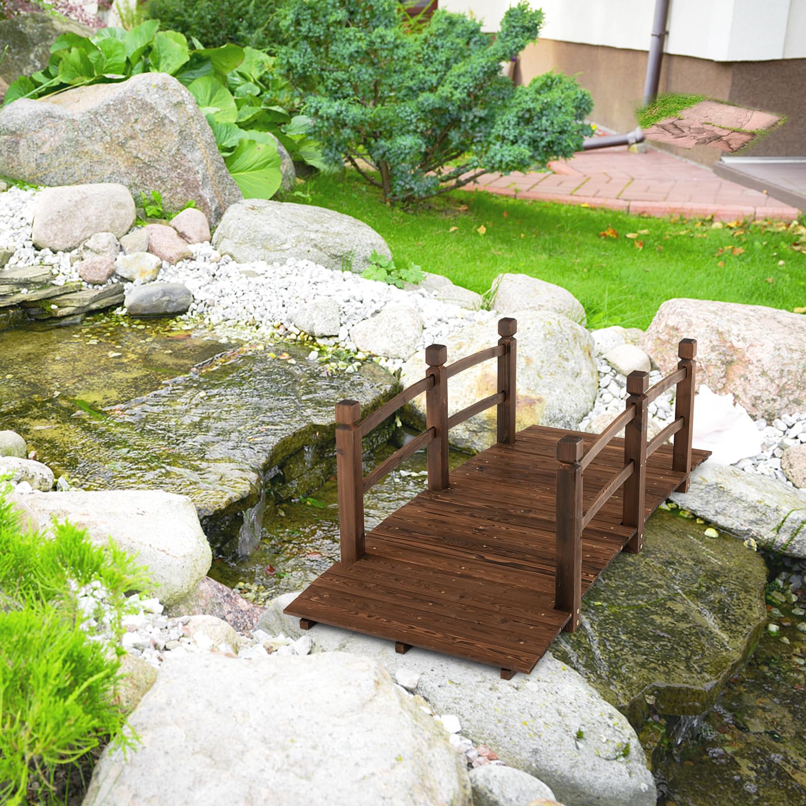 SOARS Puente de Jardín Madera con Barandilla, Puente de Pie Decorativo de Abeto con Capacidad de Carga de hasta 150 Kg, 171,5 x 75,5 x 58 cm, Puente Decorativo para Jardín, Estanque y Arroyo