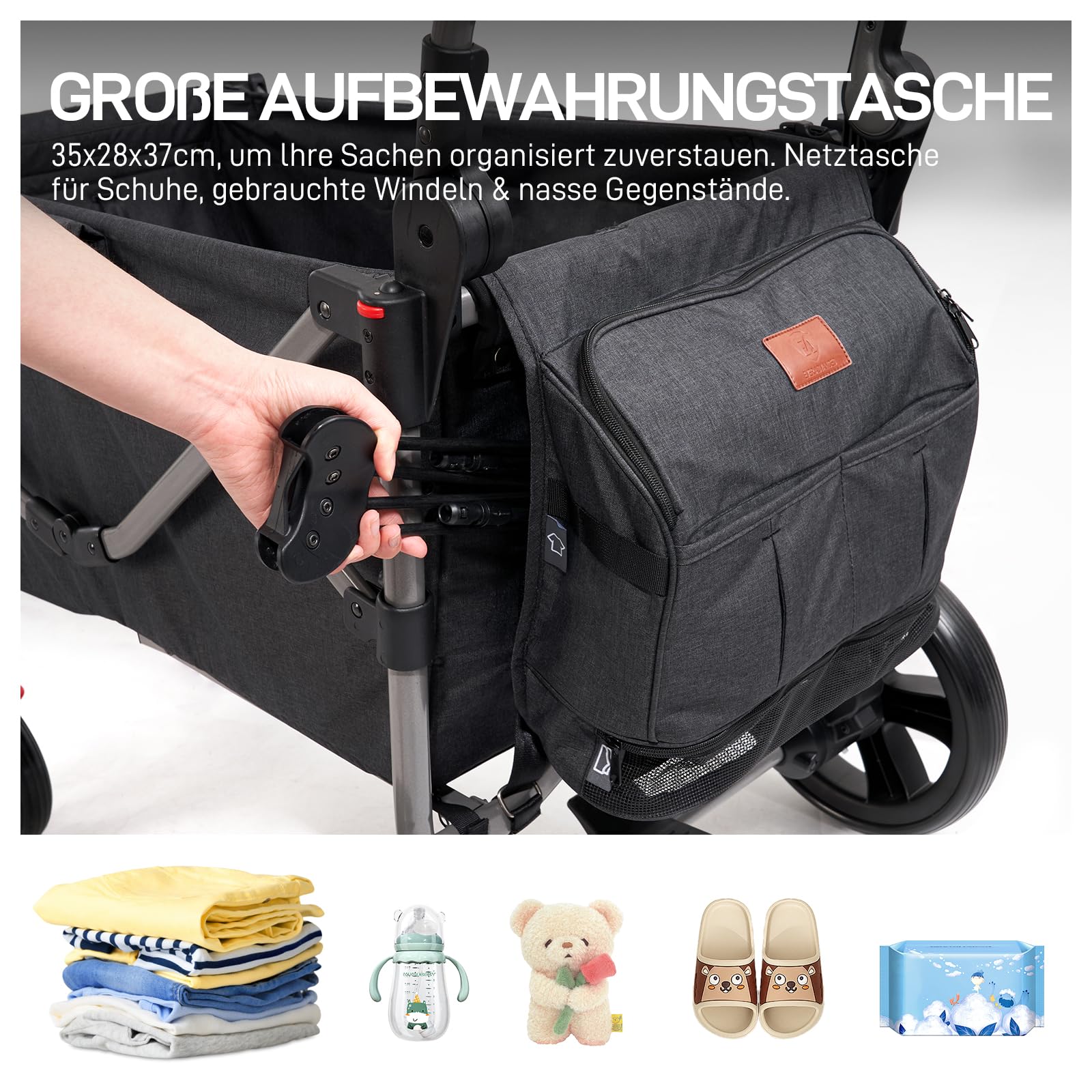 EVER ADVANCED Bollerwagen für 2 Kinder Faltbar mit Dach, Kinderwagen 2x5 Punkt Sicherheitsgurt mit Wickelrucksack, Bollerwagen mit Sitz, Handwagen Transportwagen, Ziehen & Schieben, Fußbremse