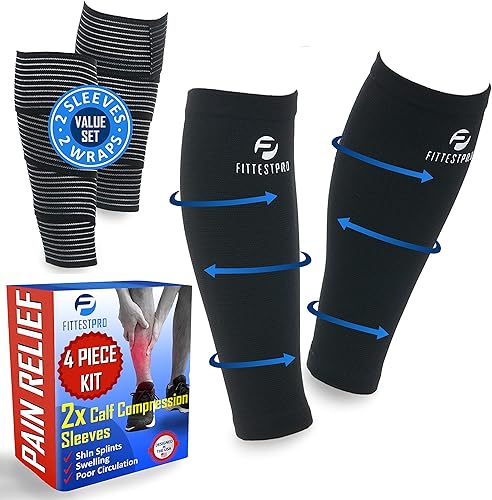 Calf Compression Sleeves and Leg Wraps (4 Piece) Shin Splint Support, Calve Guards for Men and Women - Braces Provide Healthy Circulation Pain