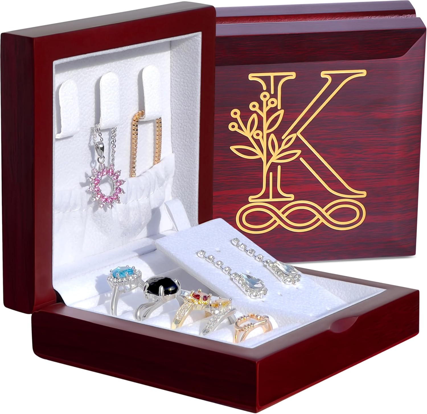 Personalized Jewelry Box for Women - Her Engraved Wood Initial Travel Case, Mothers Day Monogram Birthday Gift for Girls, Mom, Wife, 4 X 4 X 1.5 Inch, Letter K