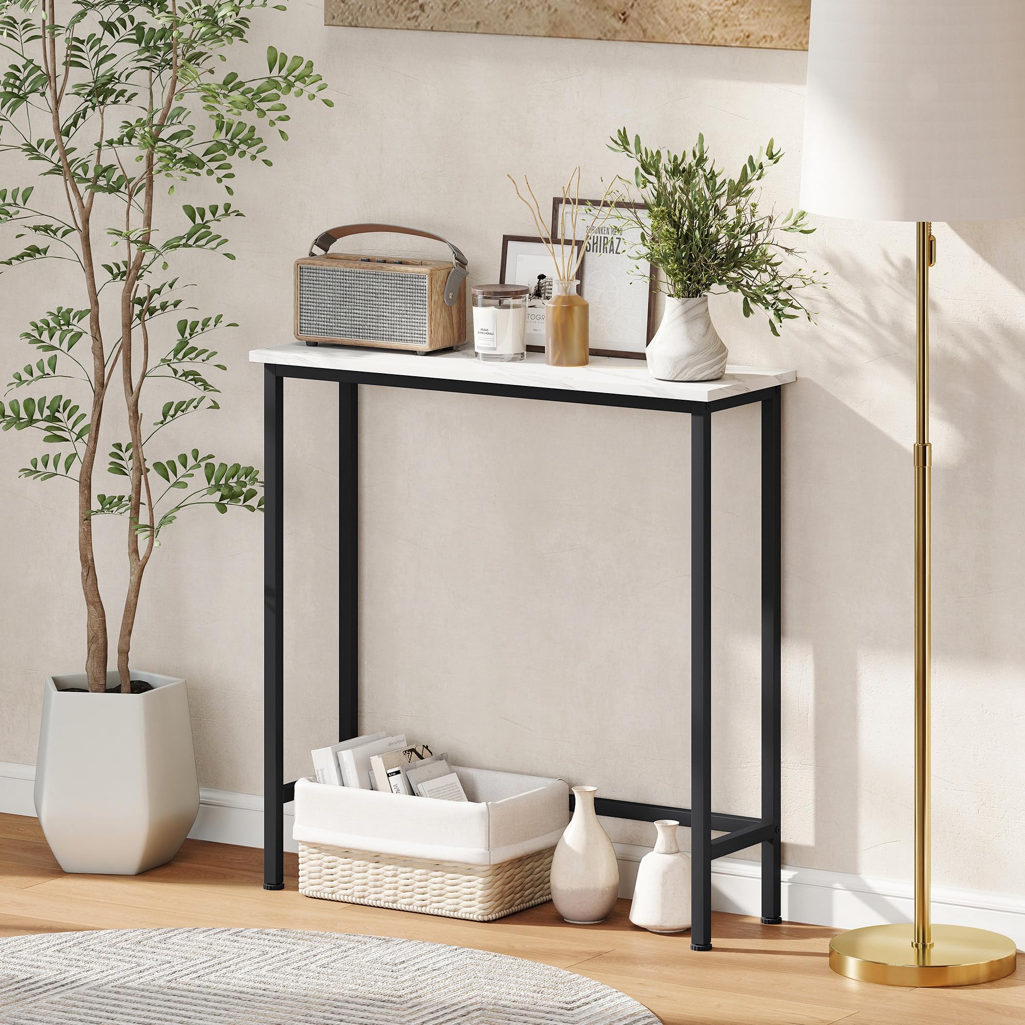 HOMCOM Mesa Consola Moderna Consola Recibidor Estrecha con Superficie con Efecto Mármol y Marco de Metal para Entrada Sala de Estar 75x24x76 cm Blanco y Negro
