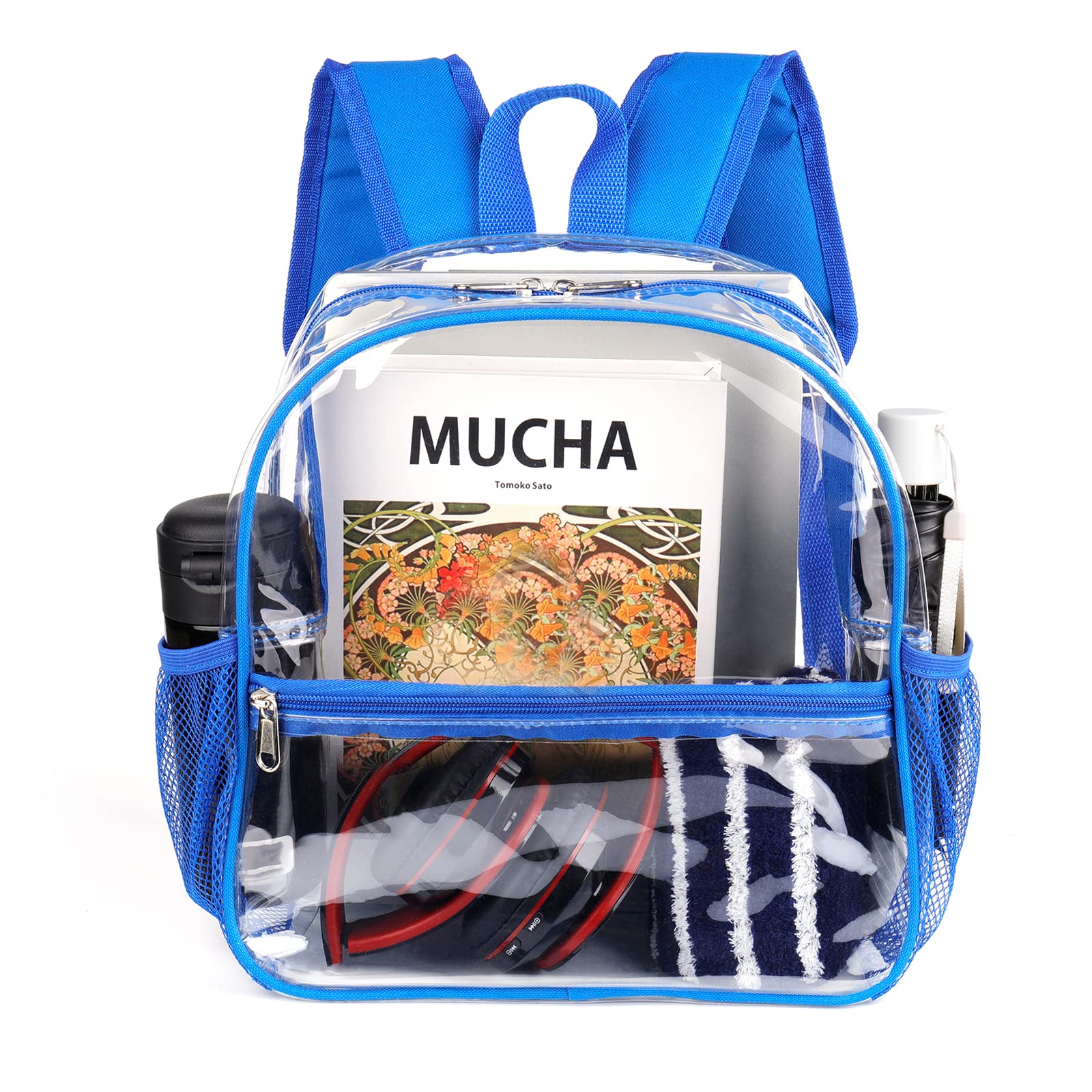Fomaris Mini Clear Backpack 12x12x6 Stadium Approved Plastic Backpack, Blue, Blue, Clear
