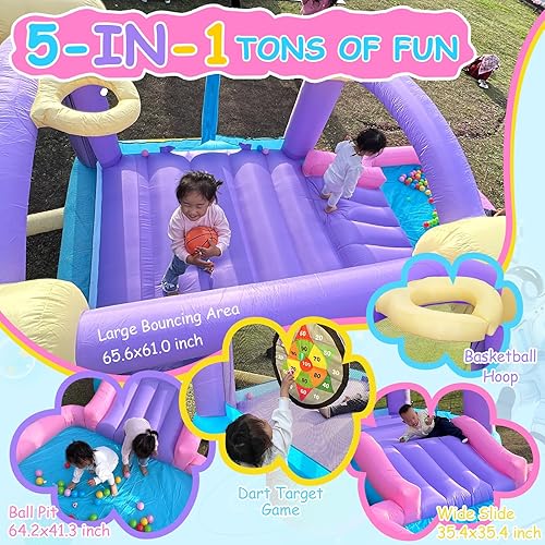 Miniatura 3 de Whubefy - Casa inflable de rebote para niños 3-6, castillo 5 en 1 con tobogán, soplador, piscina de bolas, objetivo de dardos con 6 bolas adhesivas,