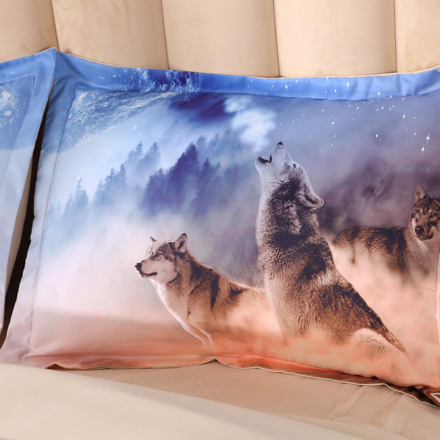 Get Cheap Price KINBEDY 3D Wolf in Desert and Forest, Colorful Animal Theme Digital Bedding for Boys and Girls, 4 Piece Blue and White Duvet Cover Set Twin Size.