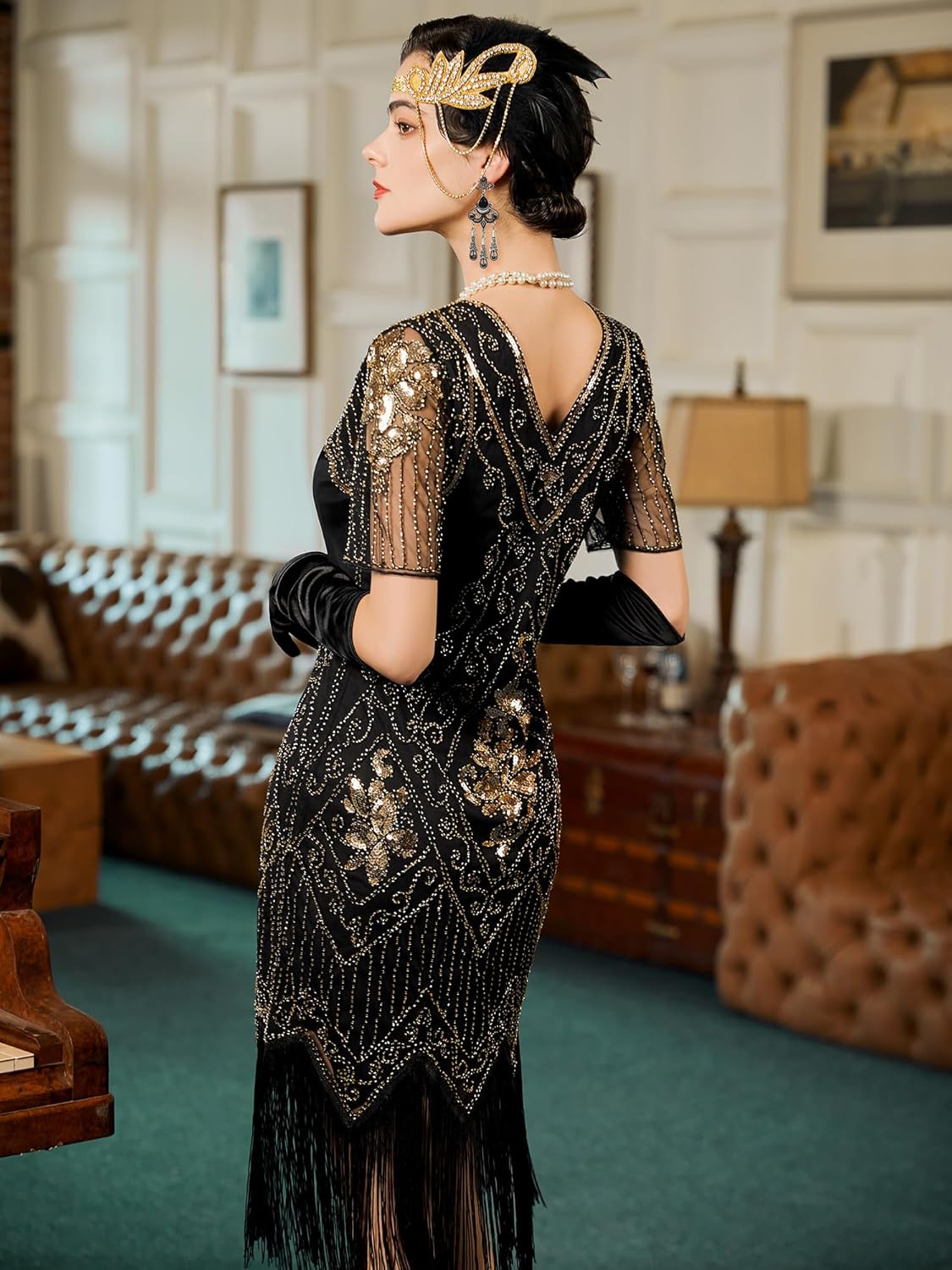 SWEETV YESSA Women's Flapper Dresses 1920s Fringed Sequin Great Gatsby Dress with 20s Accessories -Roaring 20s Costumes - Image 3