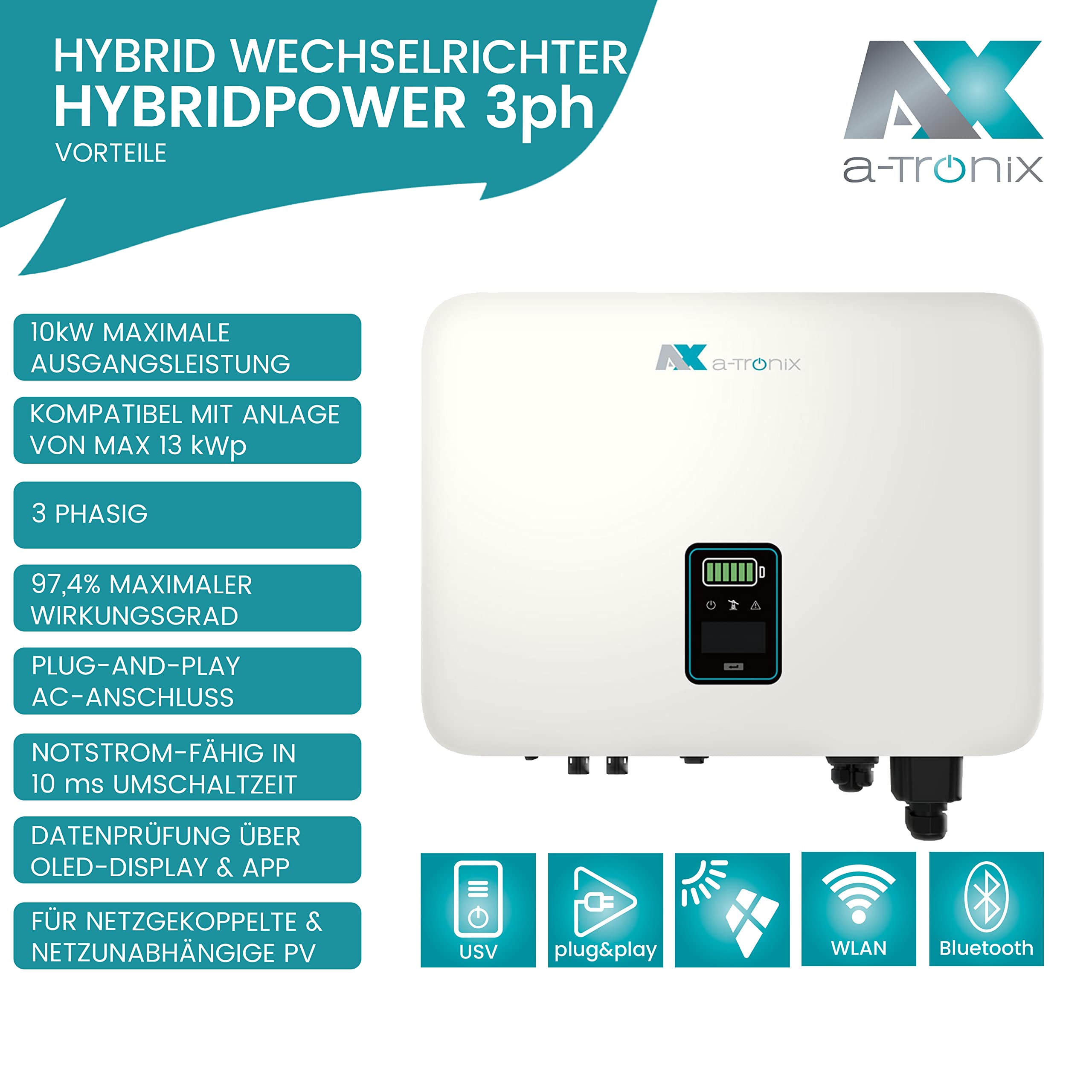 a-TroniX® Hybridpower 0% MwSt §12 III UstG 3ph Wechselrichter - Solar Hybridwechselrichter 10kW 3ph, 10.000W Solargenerator, 2 MPPTs enthalten, inkl. Smartmeter, Max. Wirkungsgrad 97,4%