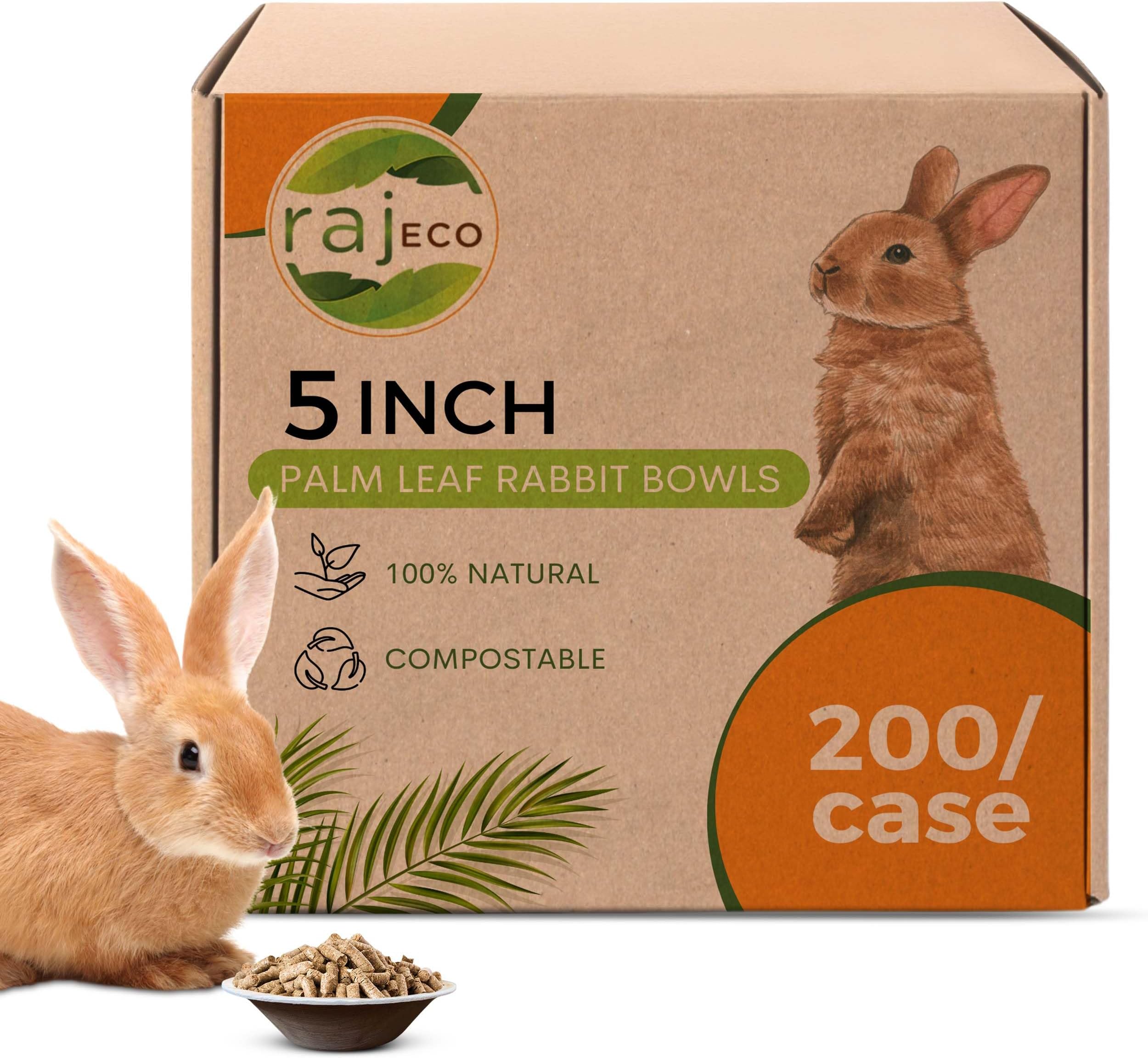 Raj Bulk Disposable Palm Leaf Bowls for Bunnies – 8 Packs of 25 (200 Bowls Total) | 5" Compostable Natural Bowl | Safe Bunny Chew Toys & Treat Dishes | Eco-Friendly Bamboo Alternative