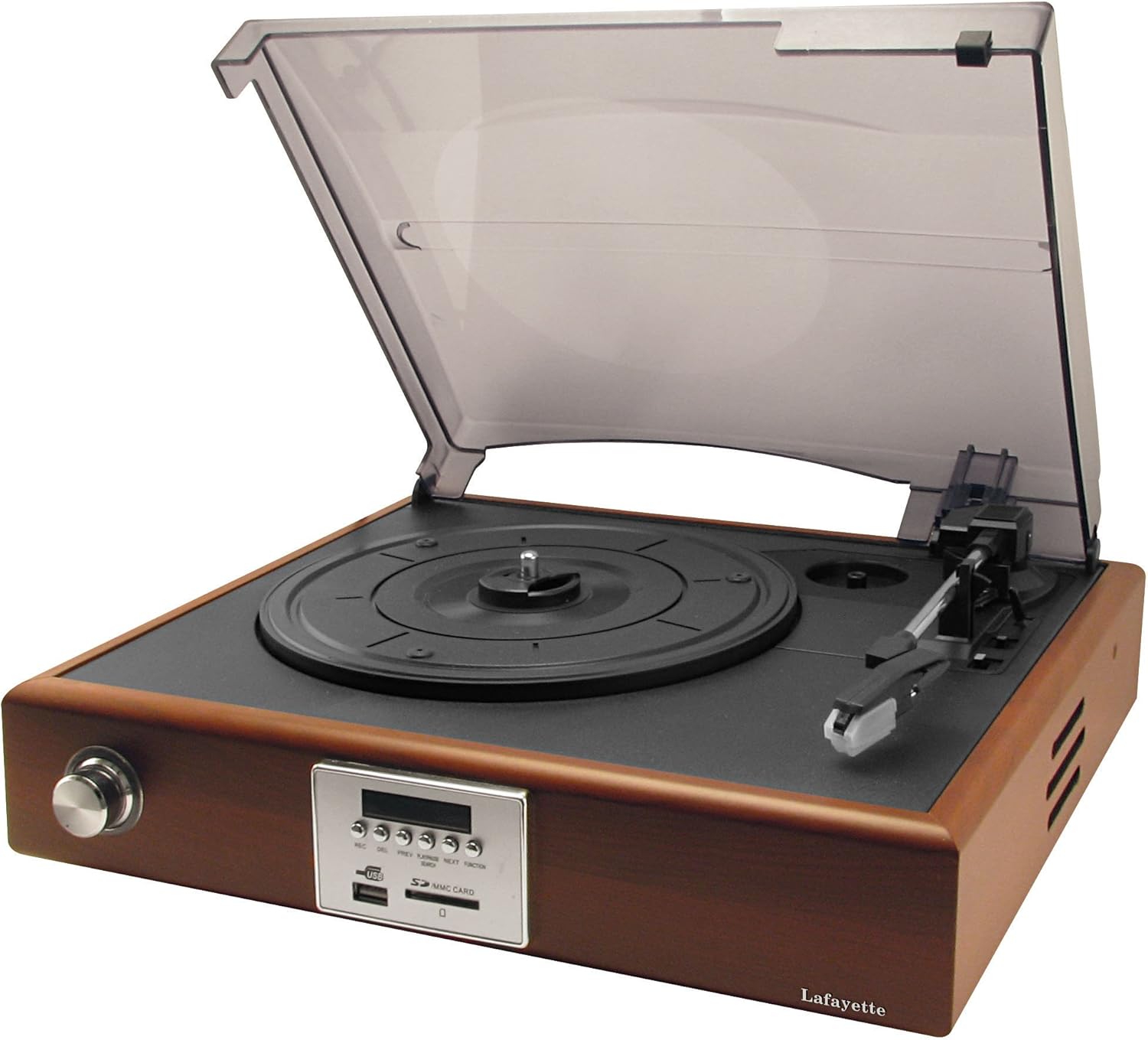 LAFAYETTE Old Disco Turntable with lid open, showing the platter, tonearm, and control panel.