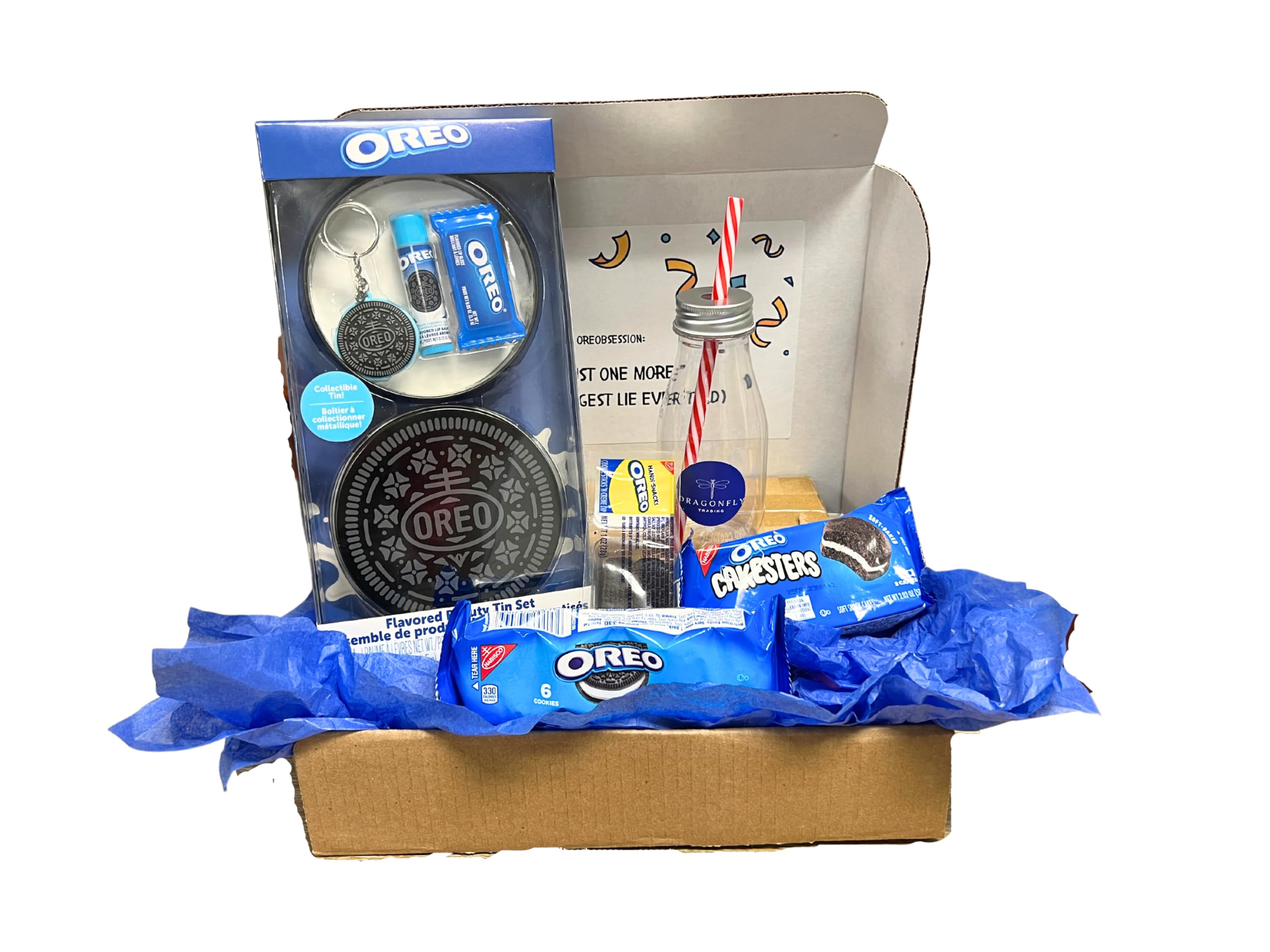 Dragonfly Trading Oreo Snack Box with Oreo Flavored Beauty Tin - Original Cookies, Cakesters, Dip Sticks, 8oz Milk Jug with Lid & Straw and Oreo Beauty Tin with Key Chain, Lipgloss, and Balm