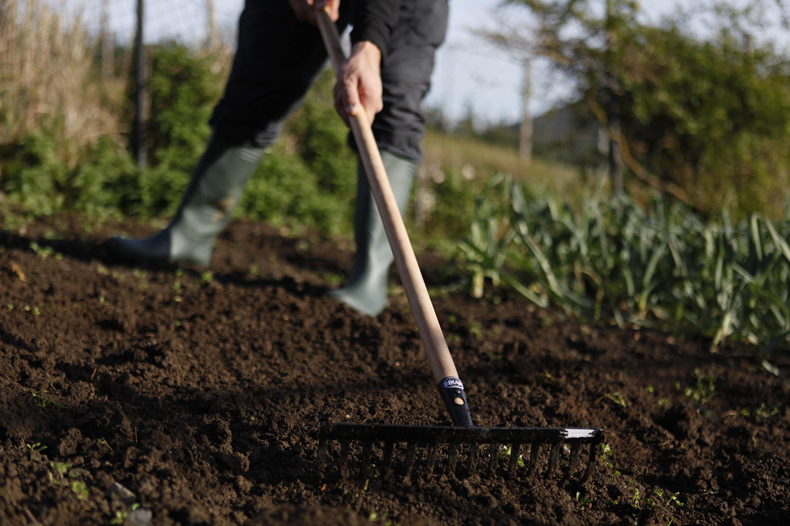 Rastrillo para Jardín - Cabezal de Acero al Carbono con Acabado Antioxidante - Mango de 120 cm de Madera - Favorece la Penetración en la Tierra - Herramienta Ligera - Bikain