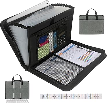 Accordion File Organizer with Zipper Labels Multi Pockets Expanding File Folders Portfolio Storage for Office Letter A4 Files Grey